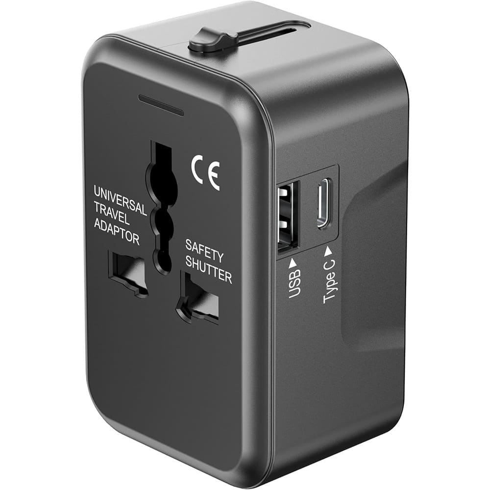 Schertz - All-in-One International Travel Adapter, USB-C + USB & AC Outlet, Type C/A/G/I - Black