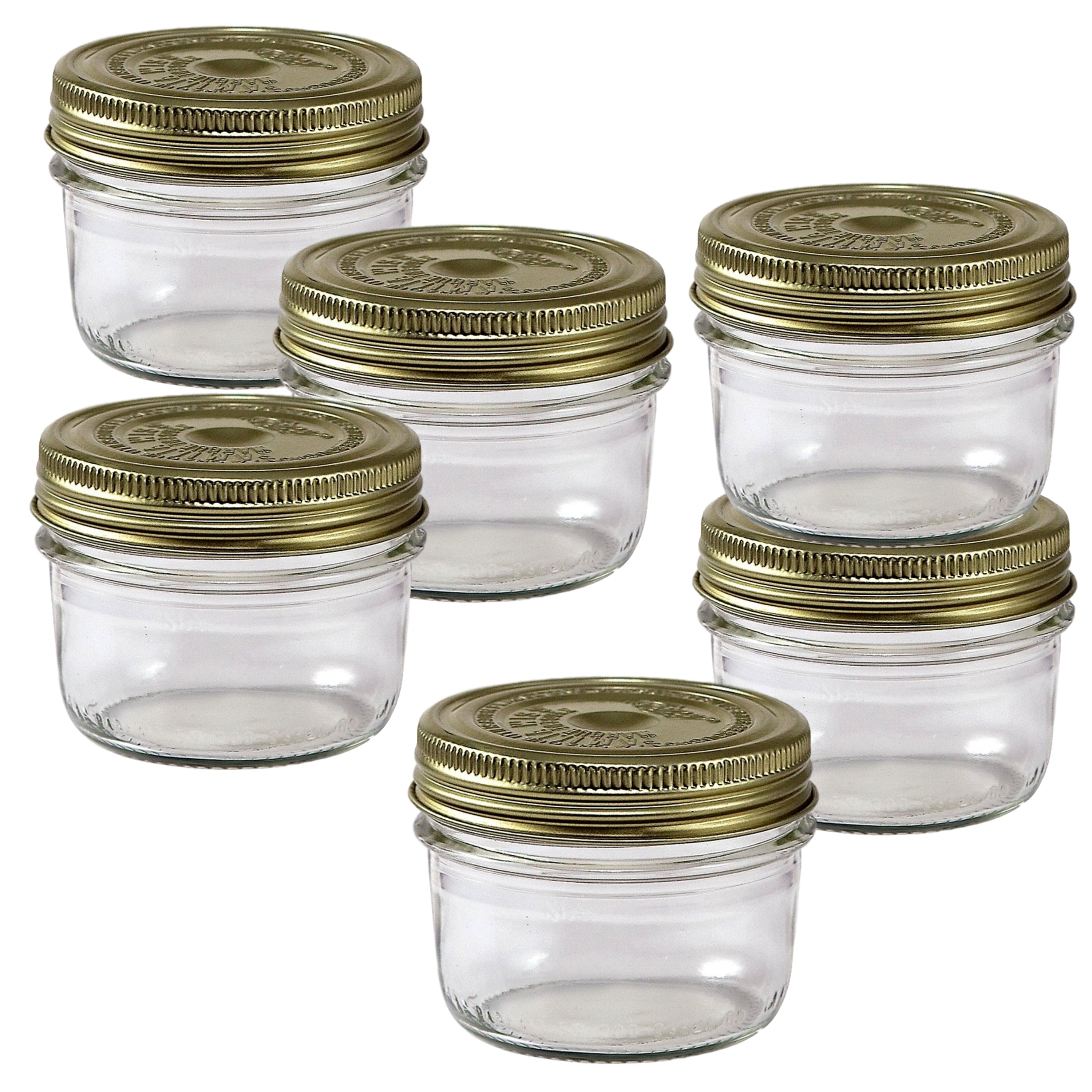 Le Parfait - Familia Wiss Terrine - 200ml Wide Mouth French Glass Mason Jar w/ 2-Piece Gold Lid, 7oz/Half Pint (Pack of 6)