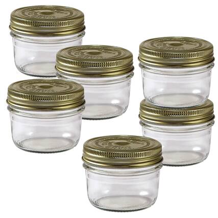 Front. Le Parfait - Familia Wiss Terrine - 200ml Wide Mouth French Glass Mason Jar w/ 2-Piece Gold Lid, 7oz/Half Pint (Pack of 6).