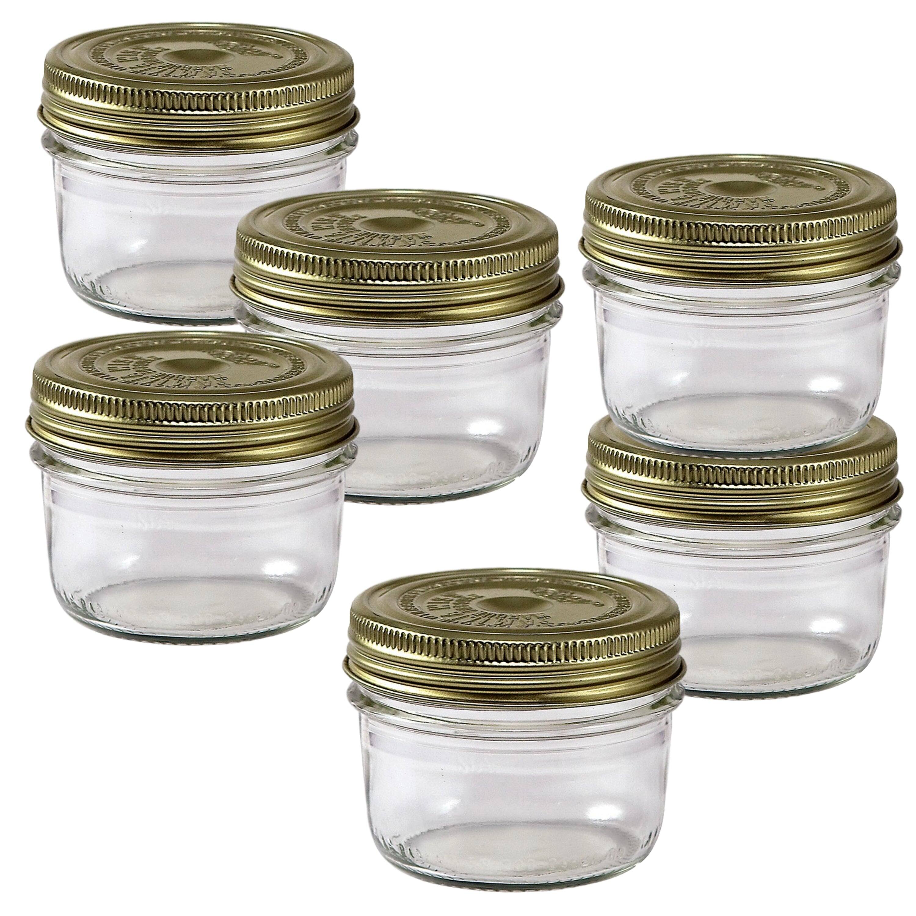 Front. Le Parfait - Familia Wiss Terrine - 200ml Wide Mouth French Glass Mason Jar w/ 2-Piece Gold Lid, 7oz/Half Pint (Pack of 6).