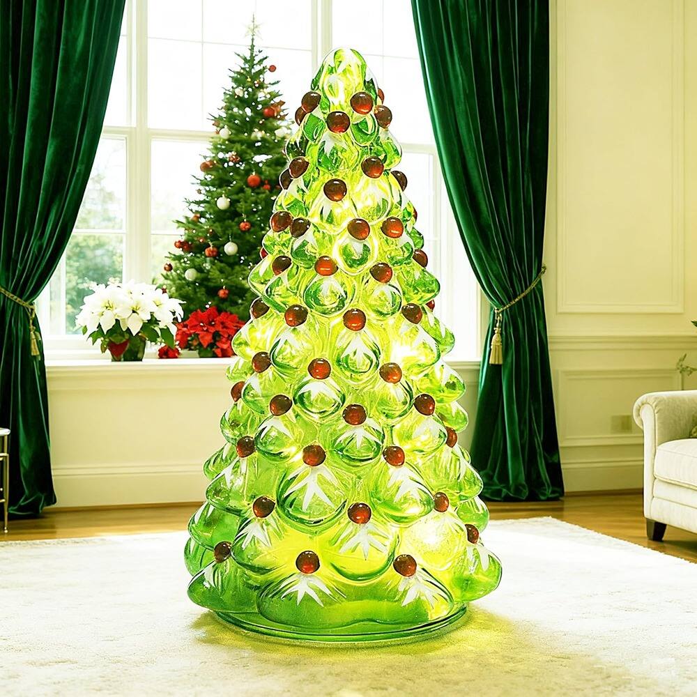 Angle. RTMB - Hand-Painted Glass Christmas Tree with Timer, Lighted Tabletop Tree Lamp, Battery-Operated Holiday Decor, 8" - Green.