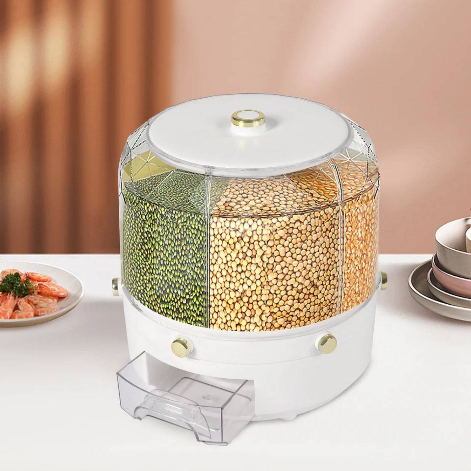 Angle. Stock Preferred - 6-in-1 Rotating Grain Cereal Dispenser - White Base with Transparent Clear Compartments.