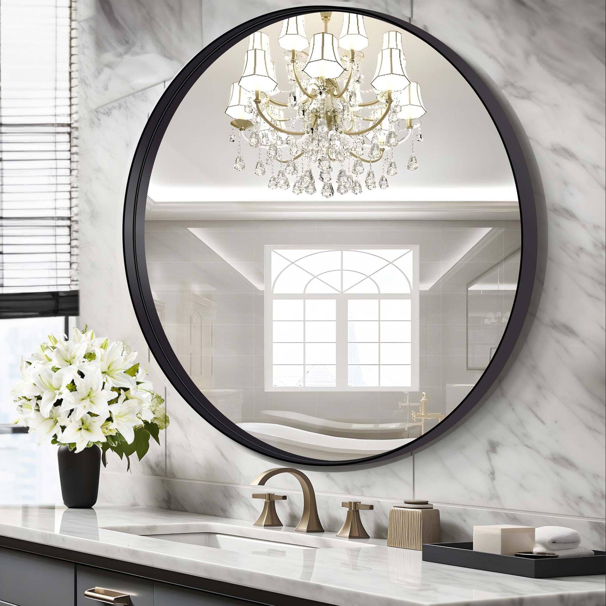Left. VEGA AUTOMOTIVE - Round Mirror Deep Frame Circle Metal Bathroom Mirrors For Wall Entryway Washroom Bedroom Living Room Hallway - Black Deep Frame 42"L x 42"W.