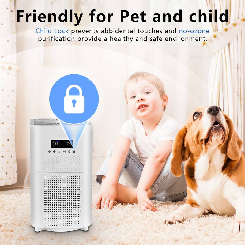 Friendly for Pet and child  
Child Lock prevents accidental touches and no-ozone purification provide a healthy and safe environment.