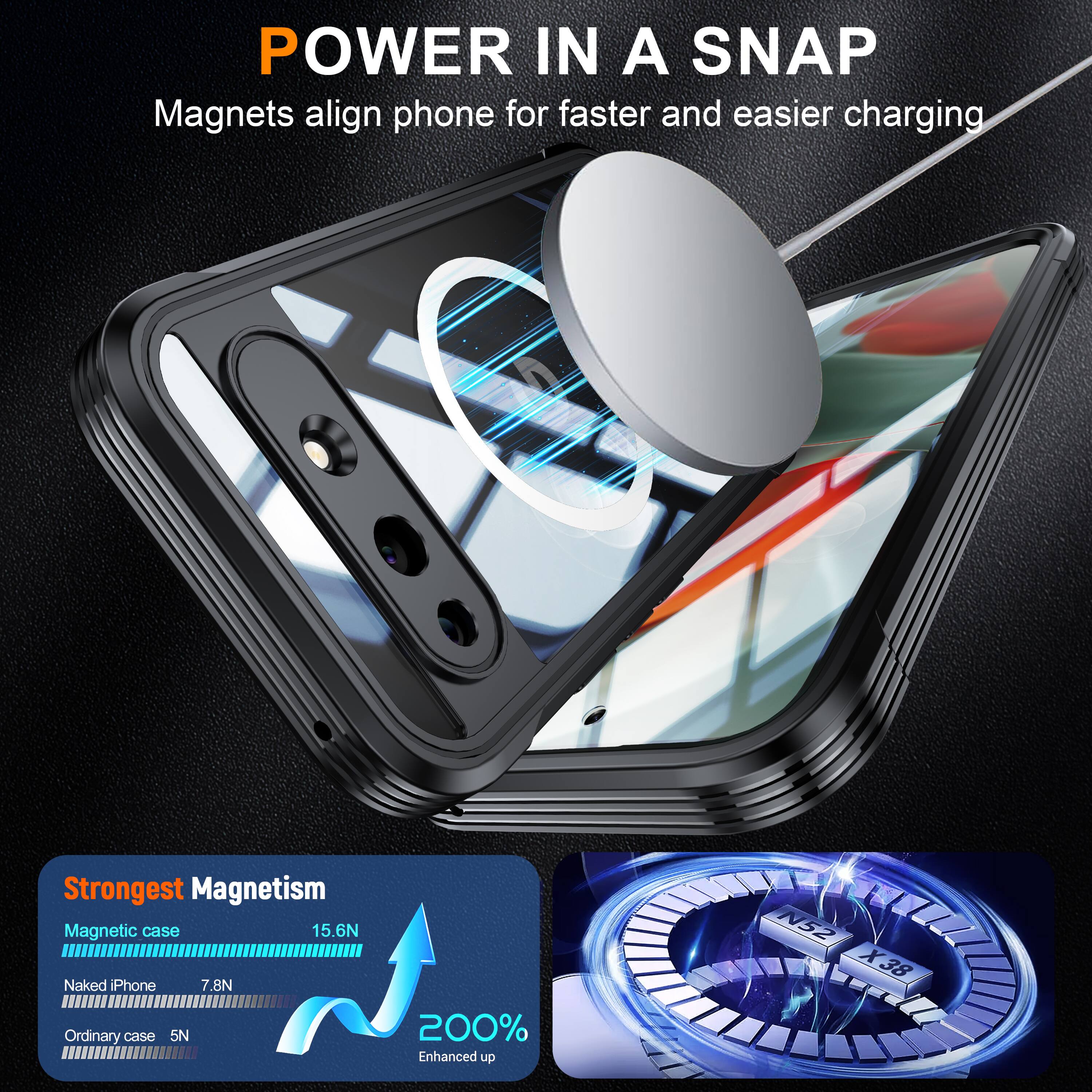 POWER IN A SNAP  
Magnets align phone for faster and easier charging  

Strongest Magnetism  
Magnetic case 15.6N  
Naked iPhone 7.8N  
Ordinary case 5N  

200% Enhanced up  
N52 X38