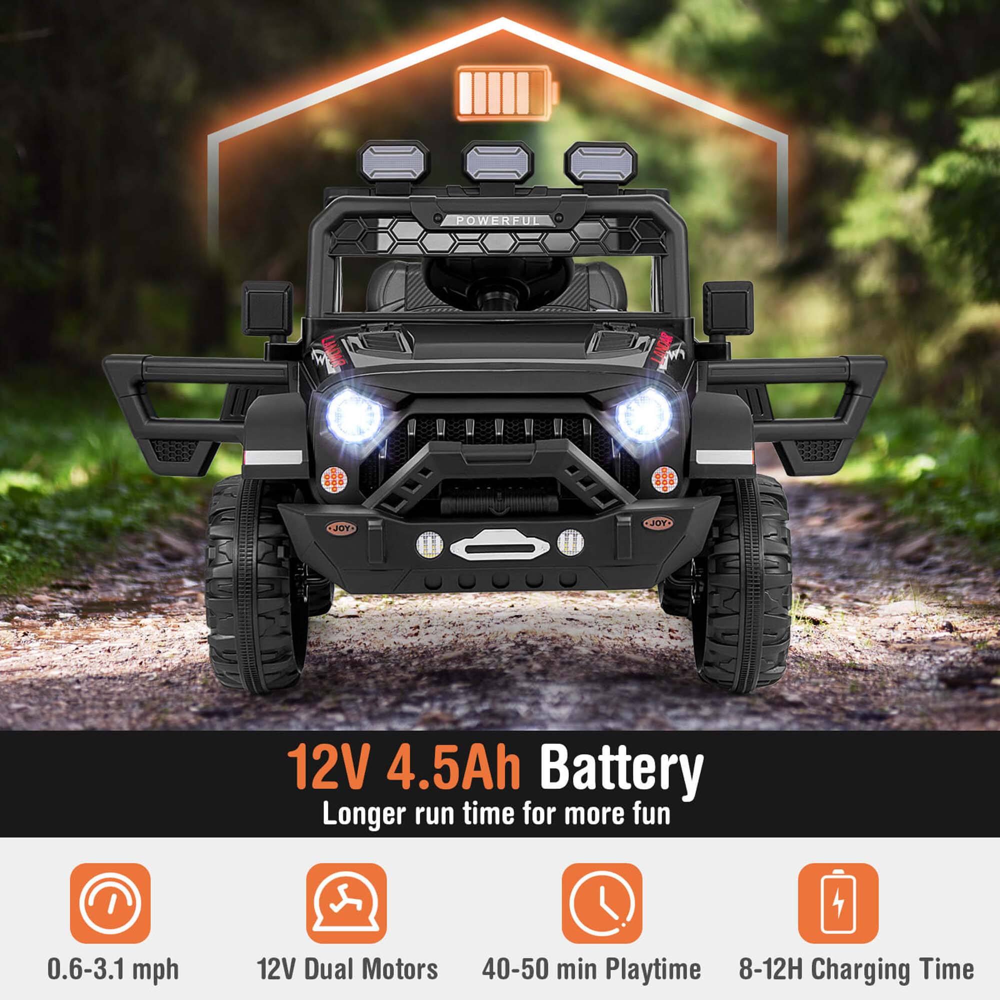 **12V 4.5Ah Battery**  
Longer run time for more fun

- 0.6-3.1 mph
- 12V Dual Motors
- 40-50 min Playtime
- 8-12H Charging Time