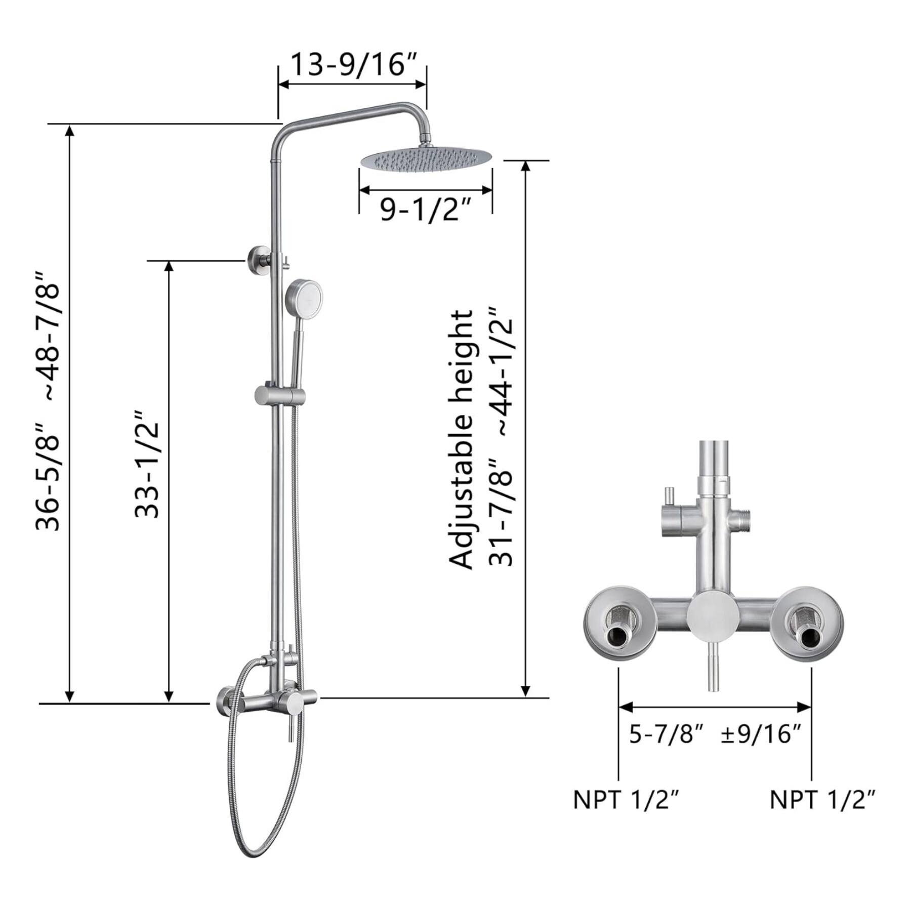 13-9/16"  
~48-7/8"  
36-5/8"  
33-1/2"  
9-1/2"  
Adjustable height ~44-1/2"  
31-7/8"  
5-7/8"  
9/16" NPT  
1/2" NPT  
1/2"