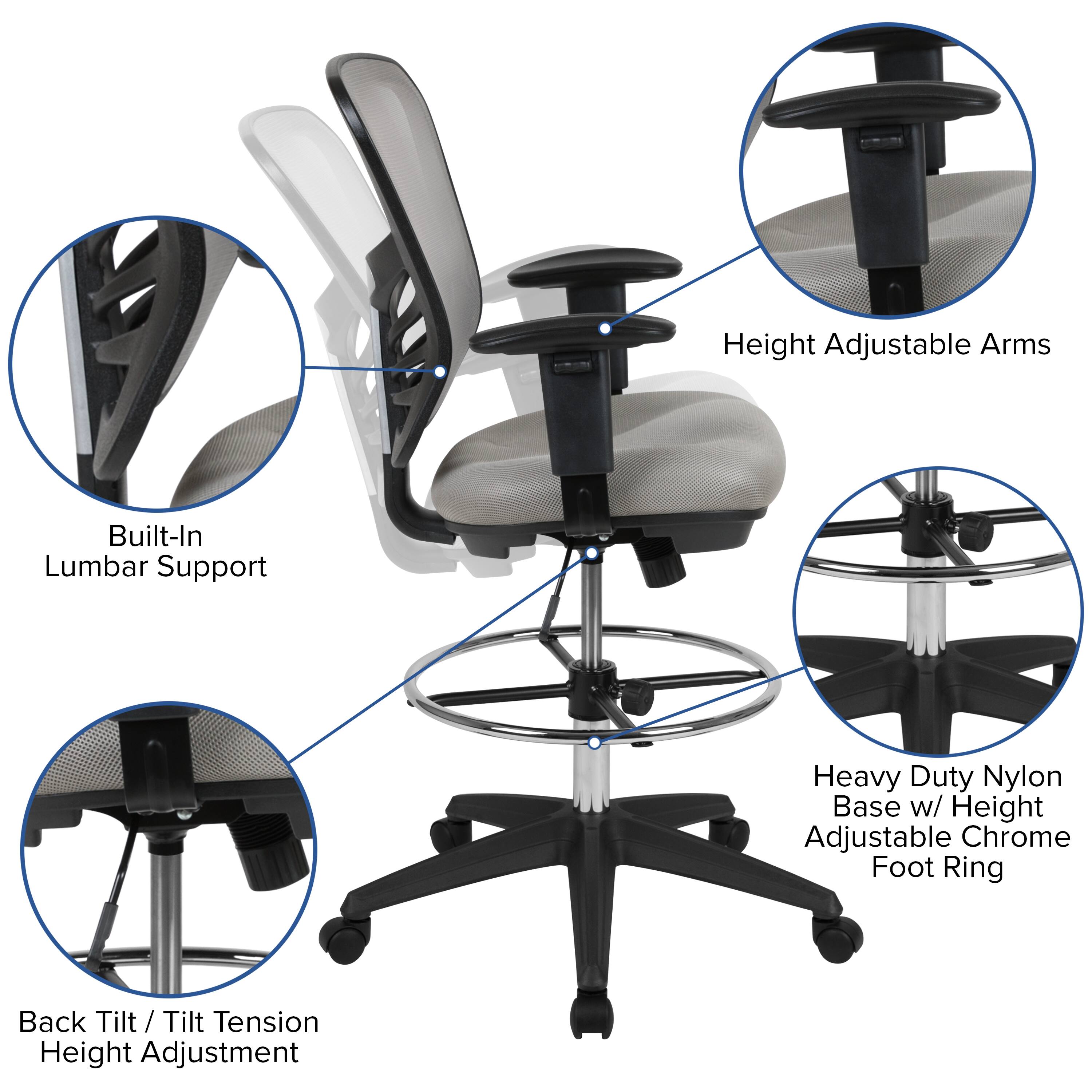 Height Adjustable Arms  
Built-In Lumbar Support  
Heavy Duty Nylon Base w/ Height Adjustable Chrome Foot Ring  
Back Tilt / Tilt / Tension Height Adjustment