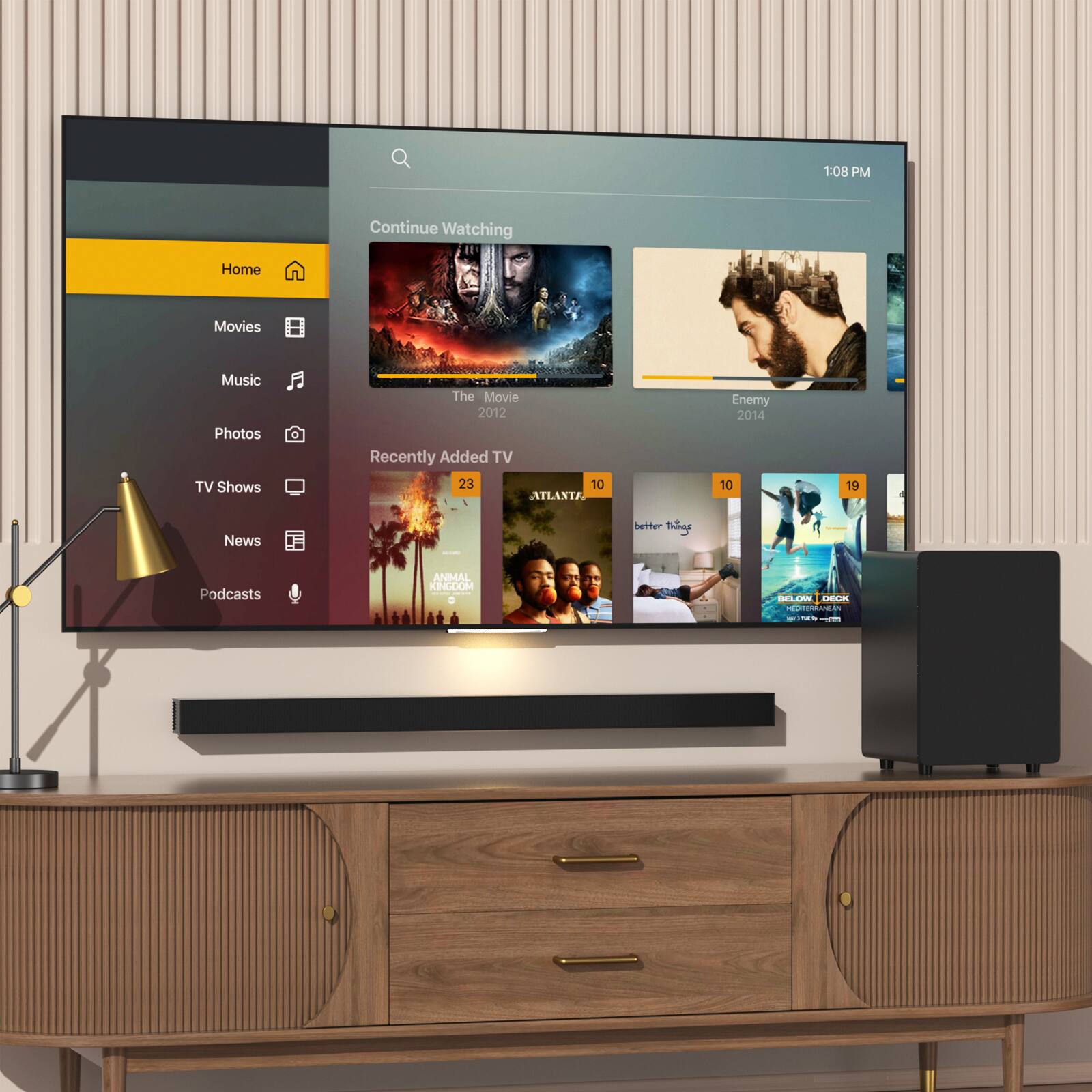 Left. Topteng - BS-18E 2.1ch Bluetooth 5.0 Soundbar with Subwoofer - Heavy Bass, HDMI/Optical/AUX/USB, Wall-Mountable​​ - Black.