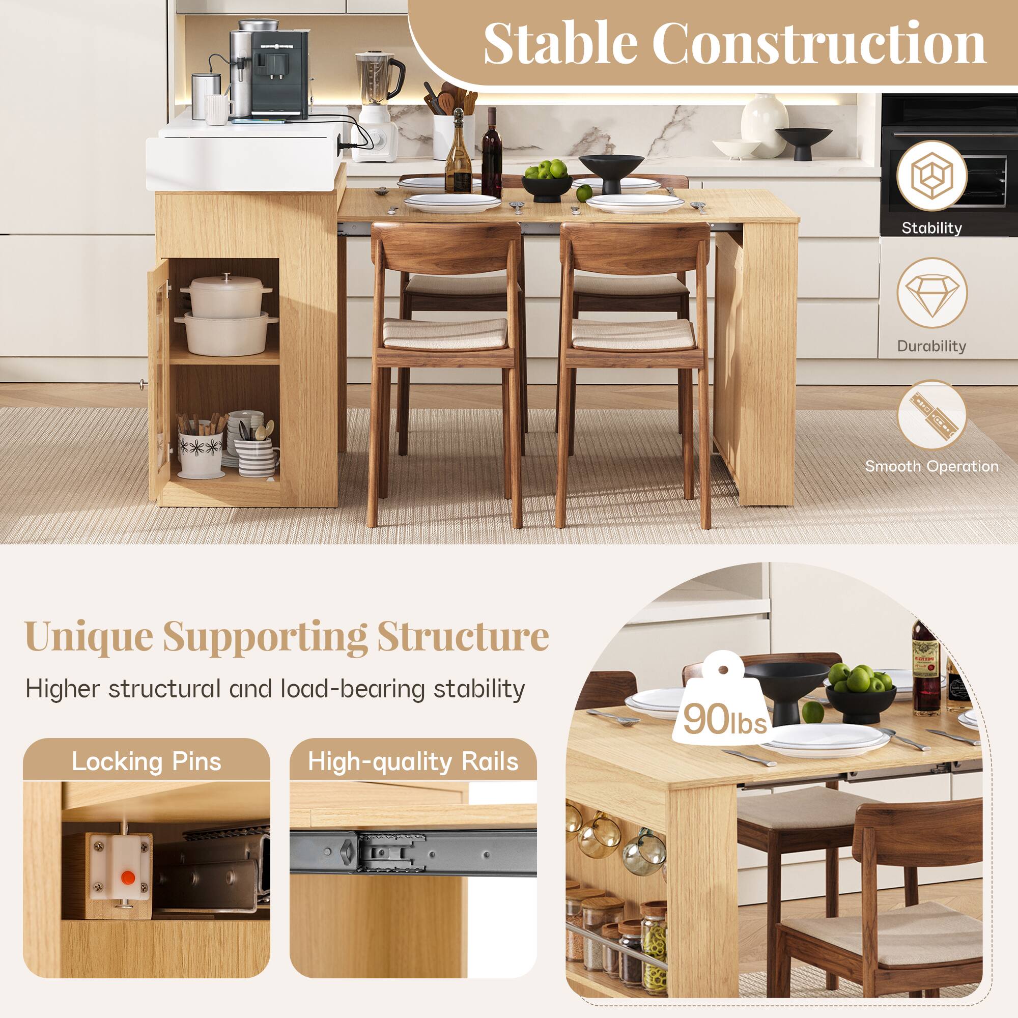 Stable Construction  
Stability  
Durability  
Smooth Operation  
Unique Supporting Structure  
Higher structural and load-bearing stability  
Locking Pins  
High-quality Rails  
90lbs