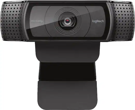 The text on the image reads "HD 1080p logitech." This refers to a high-definition web camera with a resolution of 1080 pixels, manufactured by the company Logitech. The camera is designed for use with computers and other devices, providing a clear and sharp video feed for various applications, such as video conferencing, online meetings, and streaming.