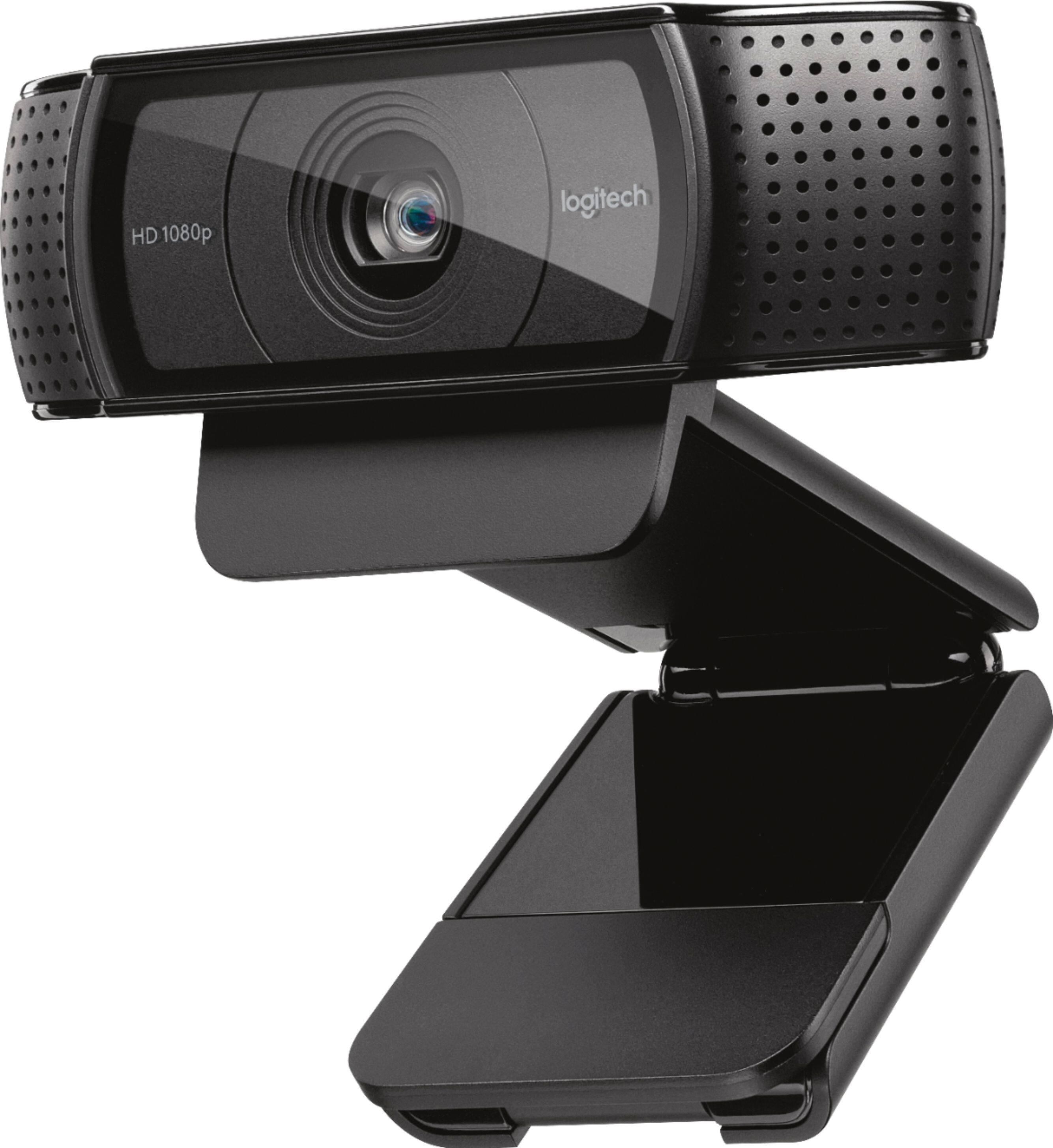 The image features a Logitech webcam with a black frame, which is mounted on a stand. The webcam is designed for use with a computer and has a built-in microphone. The stand is adjustable, allowing the user to position the webcam at an optimal angle for their needs. The webcam is capable of capturing high-definition video at a resolution of 1080p, providing clear and sharp images.