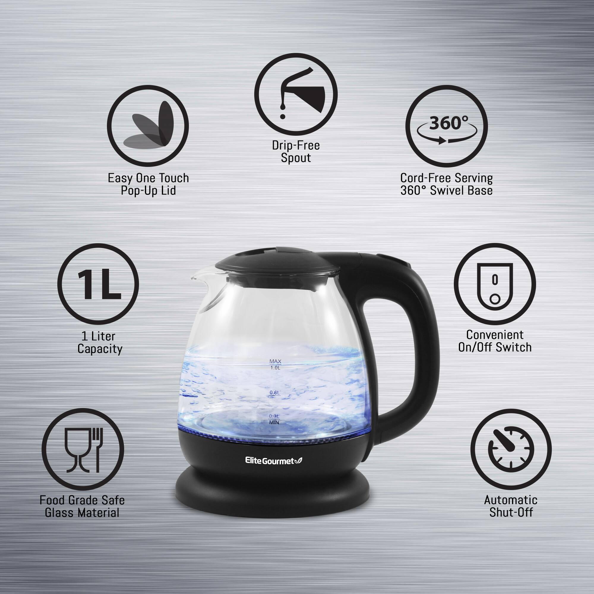 Alt View 1. Elite Gourmet - 1L Electric Glass Water Kettle - Black.