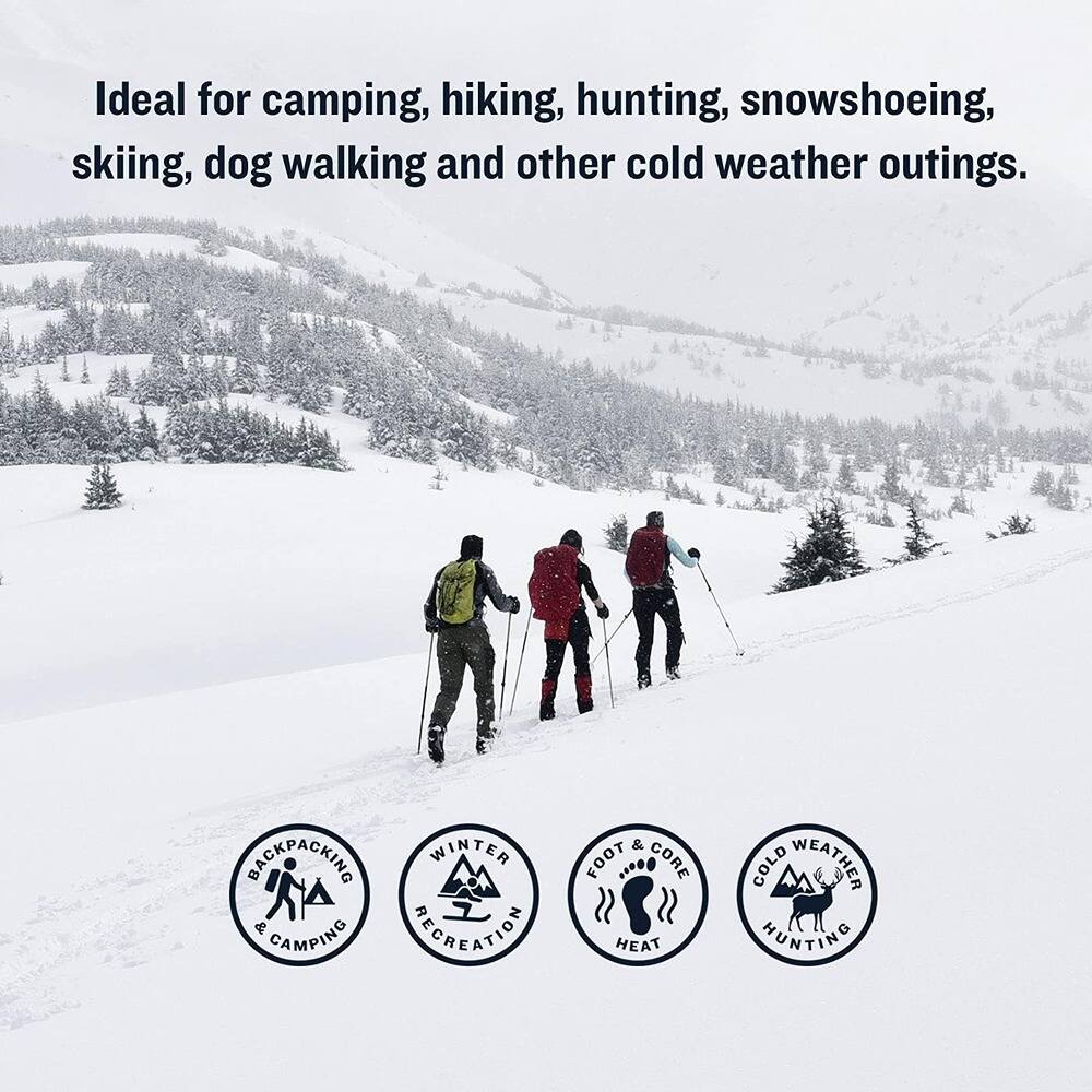 Ideal for camping, hiking, hunting, snowshoeing, skiing, dog walking and other cold weather outings.

- BACKPACKING & CAMPING
- WINTER RECREATION
- FOOT & CORE HEAT
- COLD WEATHER HUNTING