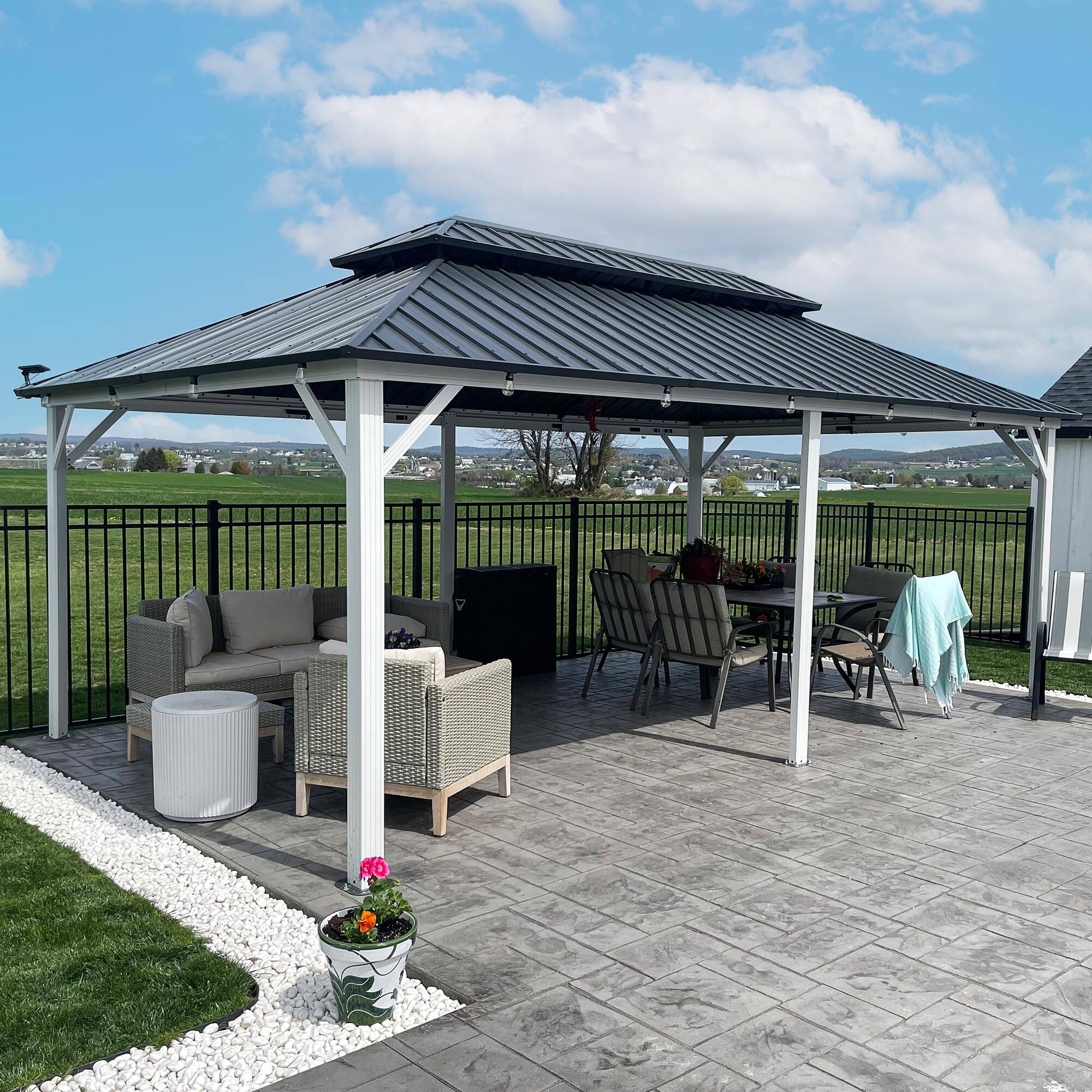 Alt View 1. PURPLE LEAF - 12' X 20' Outdoor Aluminum White Hardtop Gazebo with Galvanized Steel Double Roof with Netting and Curtains - 12' X 20'.