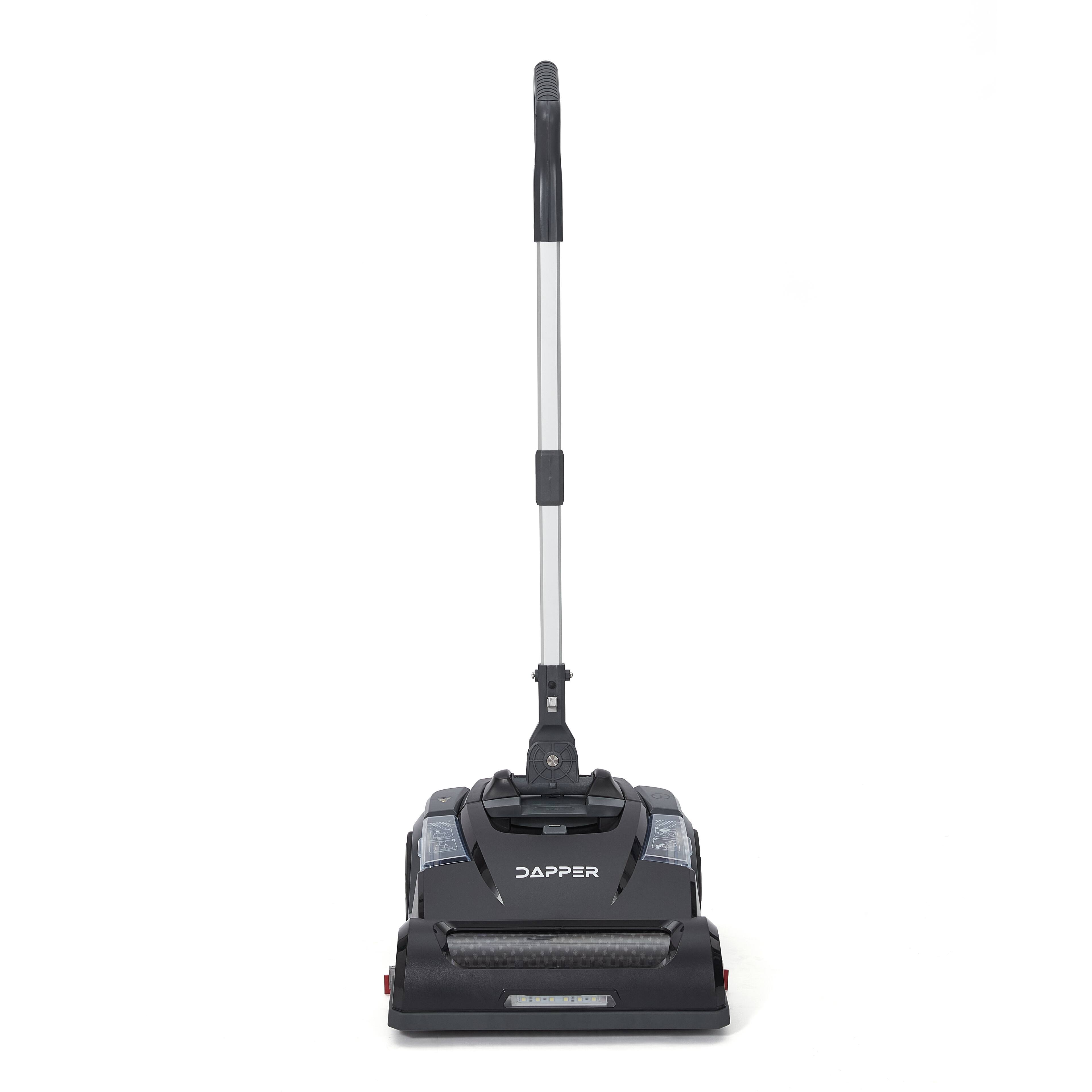 Angle. Dapper Supply - Battery Powered Walk Behind Mini Floor Scrubber Compact Portable 14 Inch 75 Min Runtime 350 RPM Commercial Use - Black.
