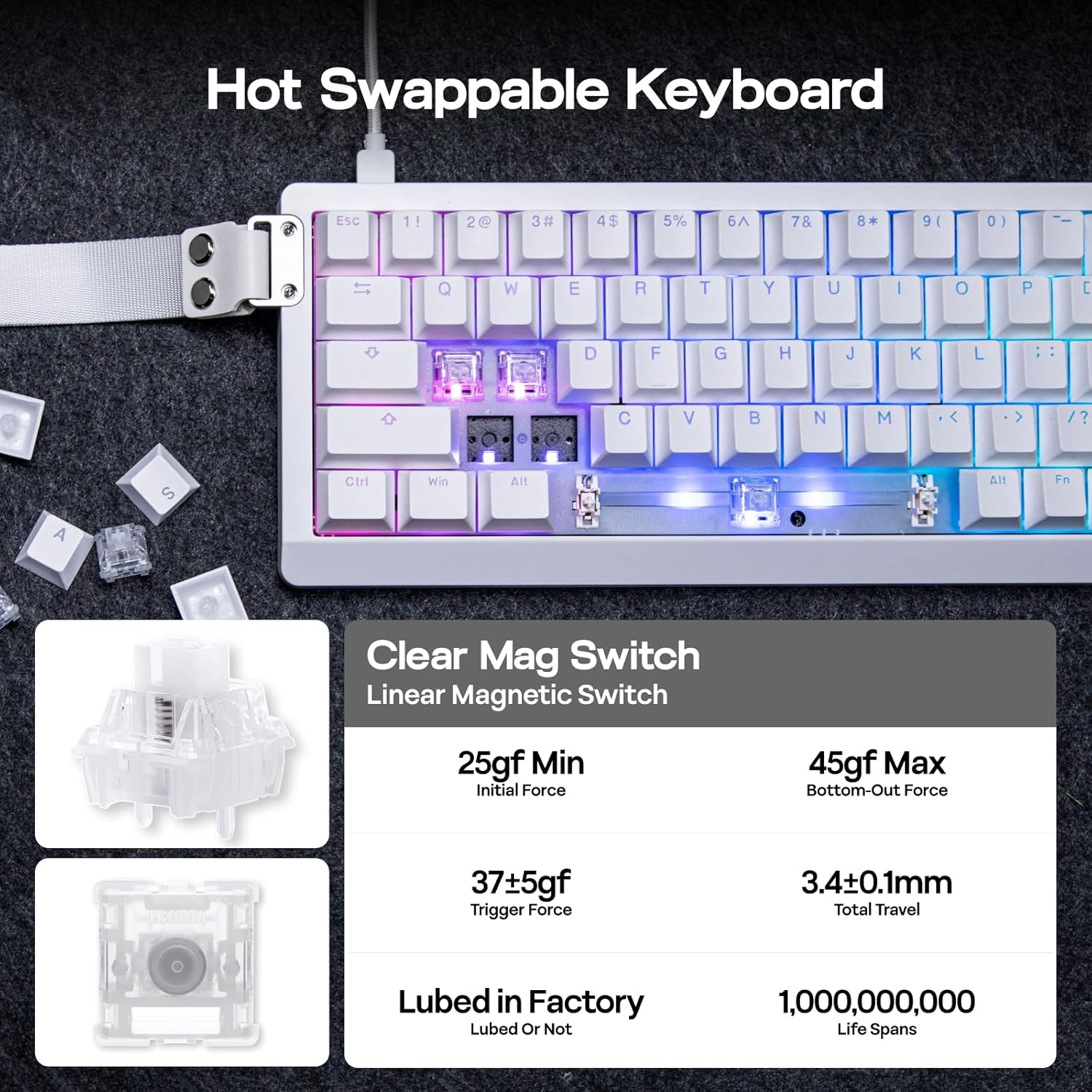 Hot Swappable Keyboard

ESC 1! 2@ 3# 4$ 5% 6^ 7& 8* 9( 0) IT Q W E R T Y U I O P [ D F G H J K L - C V B N M < > /? S Ctri Win Alt Alt Fn A Clear Mag Switch Linear Magnetic Switch

25gf Min Initial Force  
45gf Max Bottom-Out Force  
37±5gf Trigger Force  
3.4±0.1mm Total Travel  
Lubed in Factory  
1,000,000,000 Life Spans