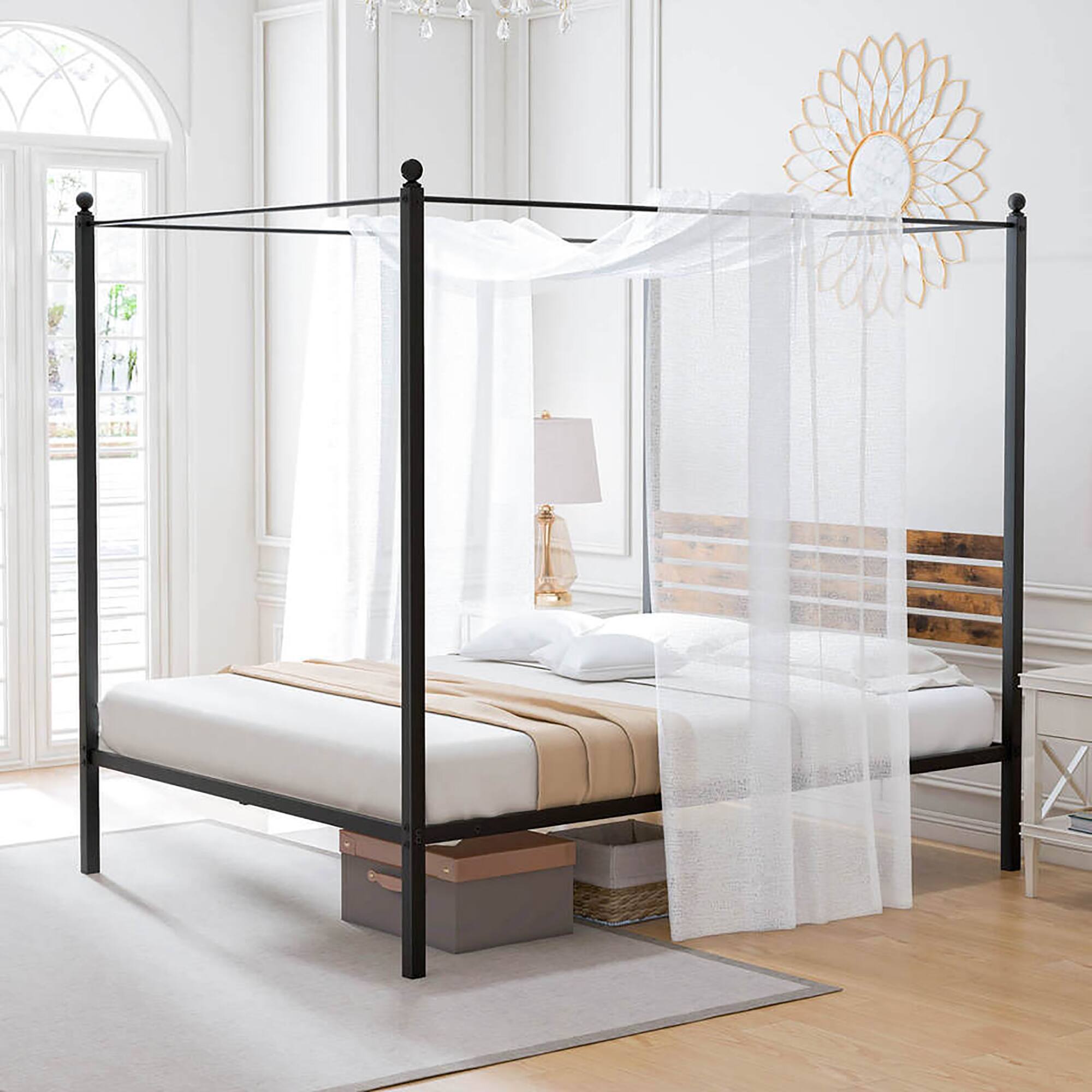 Alt View 4. Gymax - Gymax Queen Size 4-Post Canopy Bed Frame Rustproof Metal Noise-free with Foot Pads - Rustic Brown + Black.