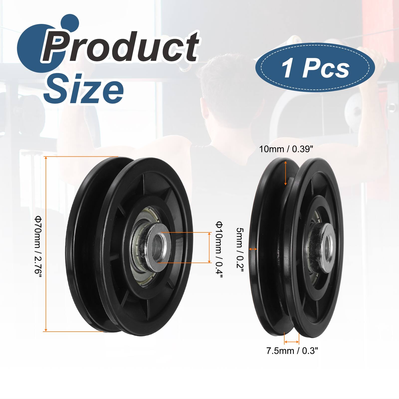 Product Size: 1 Pcs  
- Diameter: 70mm / 2.76"  
- Width: 10mm / 0.39"  
- Thickness: 10mm / 0.4"  
- Shaft Diameter: 5mm / 0.2"  
- Wheel Thickness: 7.5mm / 0.3"