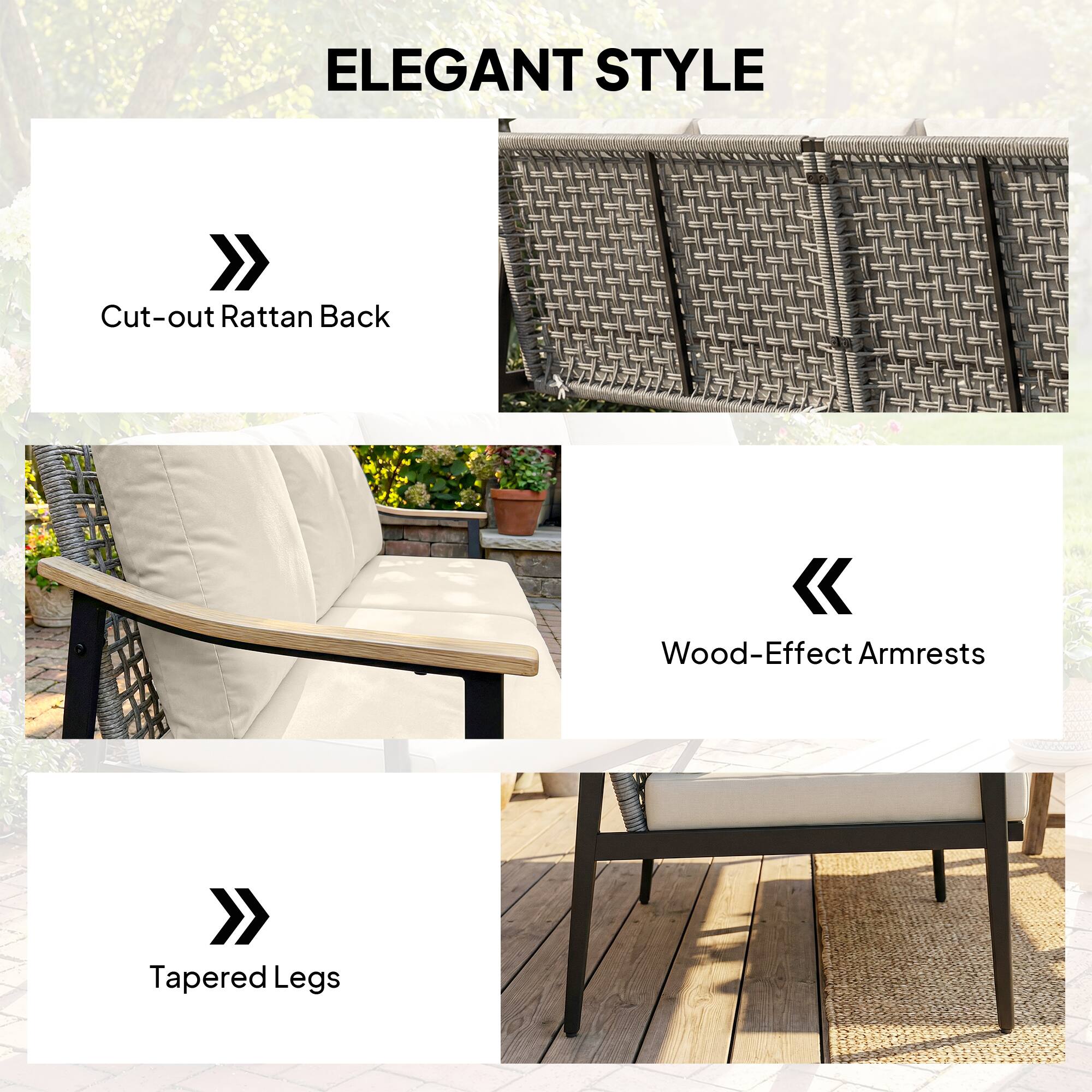 ELEGANT STYLE

- Cut-out Rattan Back
- Wood-Effect Armrests
- Tapered Legs