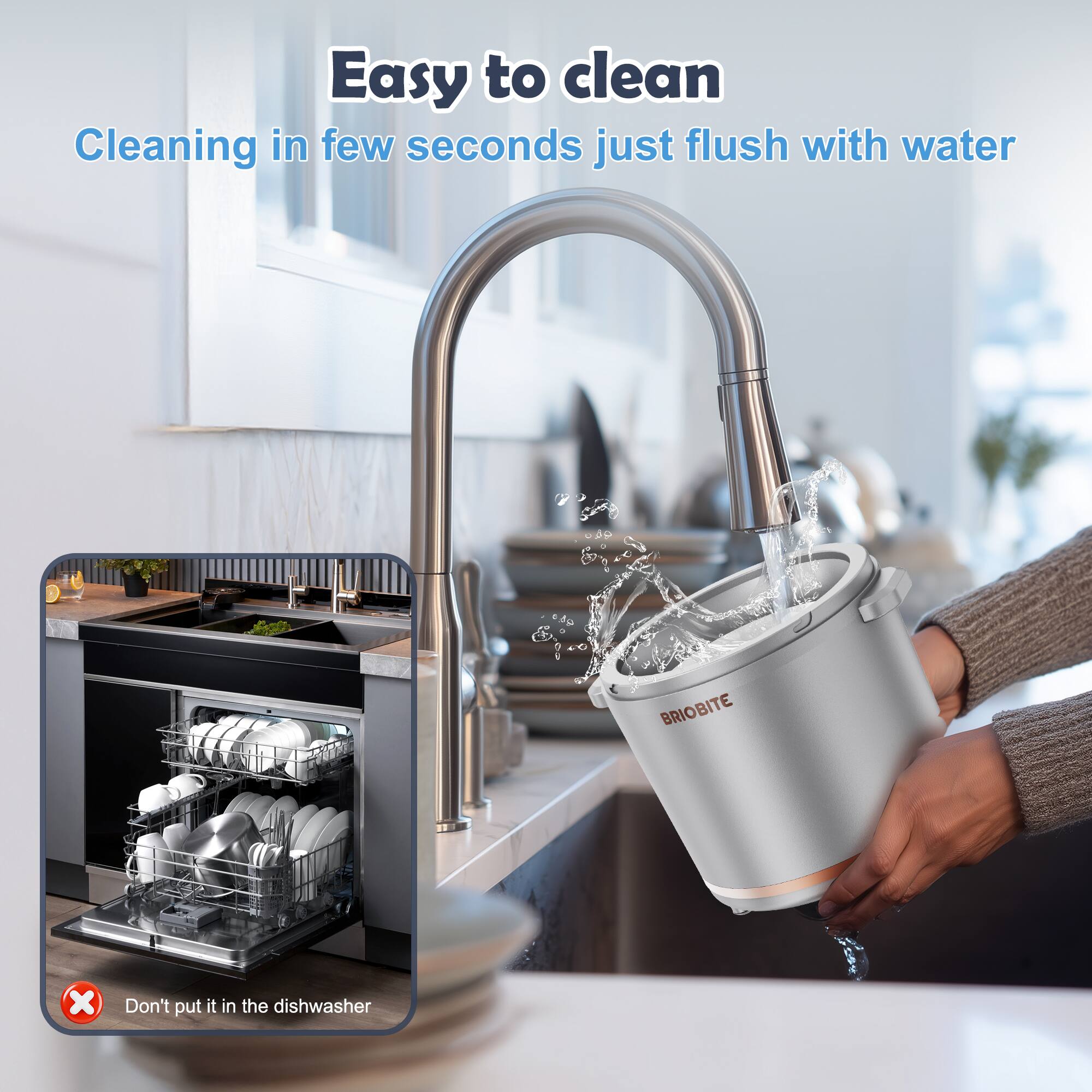 Easy to clean  
Cleaning in few seconds just flush with water  

Don't put it in the dishwasher