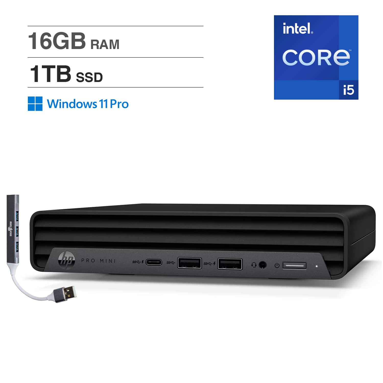 HP - Pro Mini 400 Mini Desktop (Intel i5-14500T, 16GB DDR4, 1TB PCIe SSD, Intel UHD 770, Win 11 Pro) w/USB Hub - Black