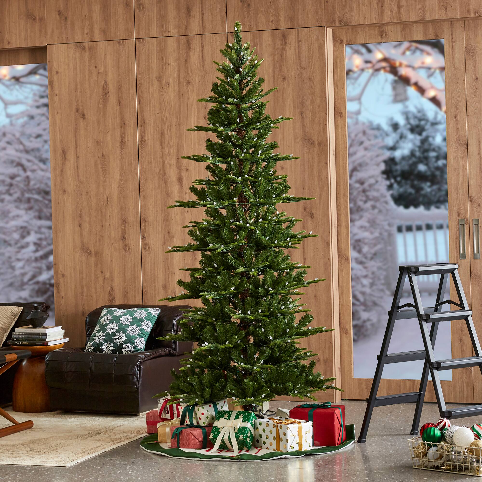 Alt View 8. Glitzhome - 7.5ft Pre-Lit Slim Fir Artificial Christmas Tree with 350 Strawberry Lights - Green.