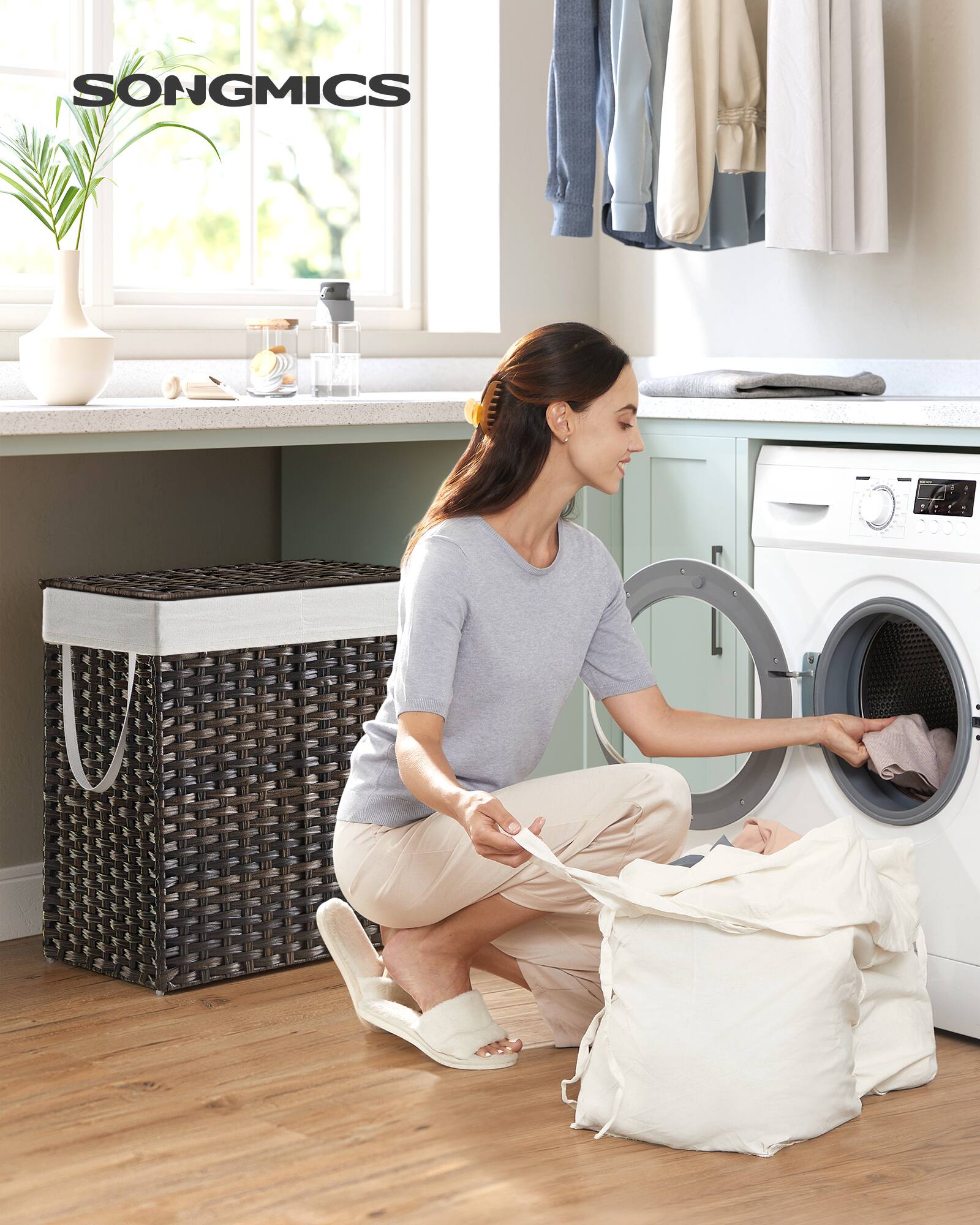 Angle. Songmics Home - 110 L Laundry Hamper with Lid, Clothes Hamper with 2 Removable Liner Bags, 6 Mesh Bags, Brown - Brown.