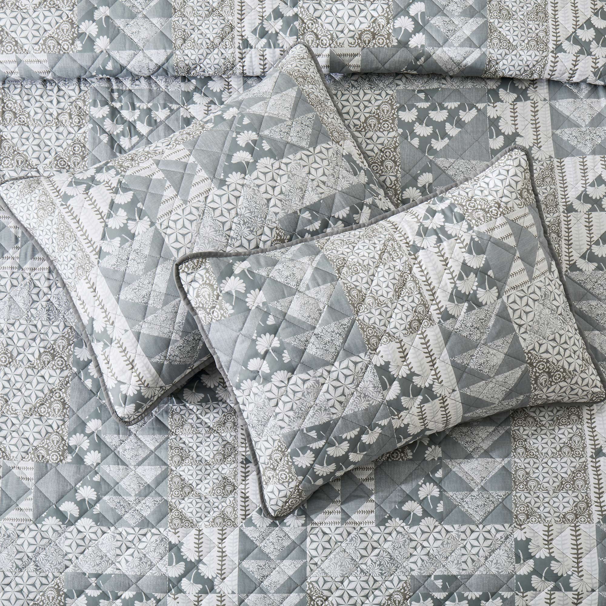 Left. Nest - Peace Nest Soft Printed Coverlet Set Floral Geometric Bedspread Modern Reversible Quilt and Shams Set - Patina.
