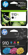 Download the free HP Smart app.
Téléchargez l'application HP Smart gratuite.
hpapp.com
910XL
Black Noir
910
Cyan Magenta Yellow Jaune
3-pack / Paquet de 3