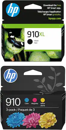 Download the free HP Smart app.
Téléchargez l'application HP Smart gratuite.
hpapp.com
910XL
Black Noir
910
Cyan Magenta Yellow Jaune
3-pack / Paquet de 3