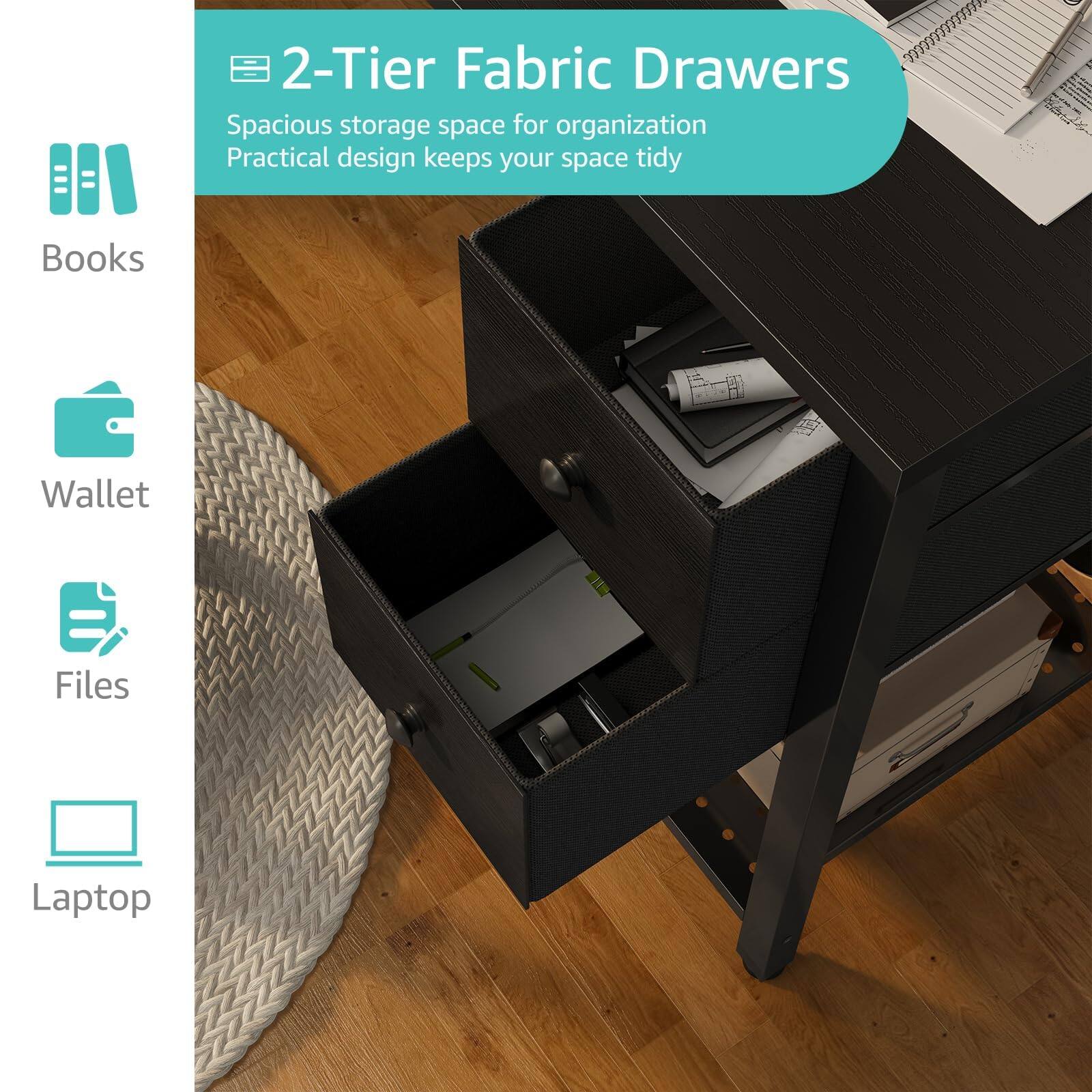 2-Tier Fabric Drawers  
Spacious storage space for organization  
Practical design keeps your space tidy  

Books  
Wallet  
Files  
Laptop