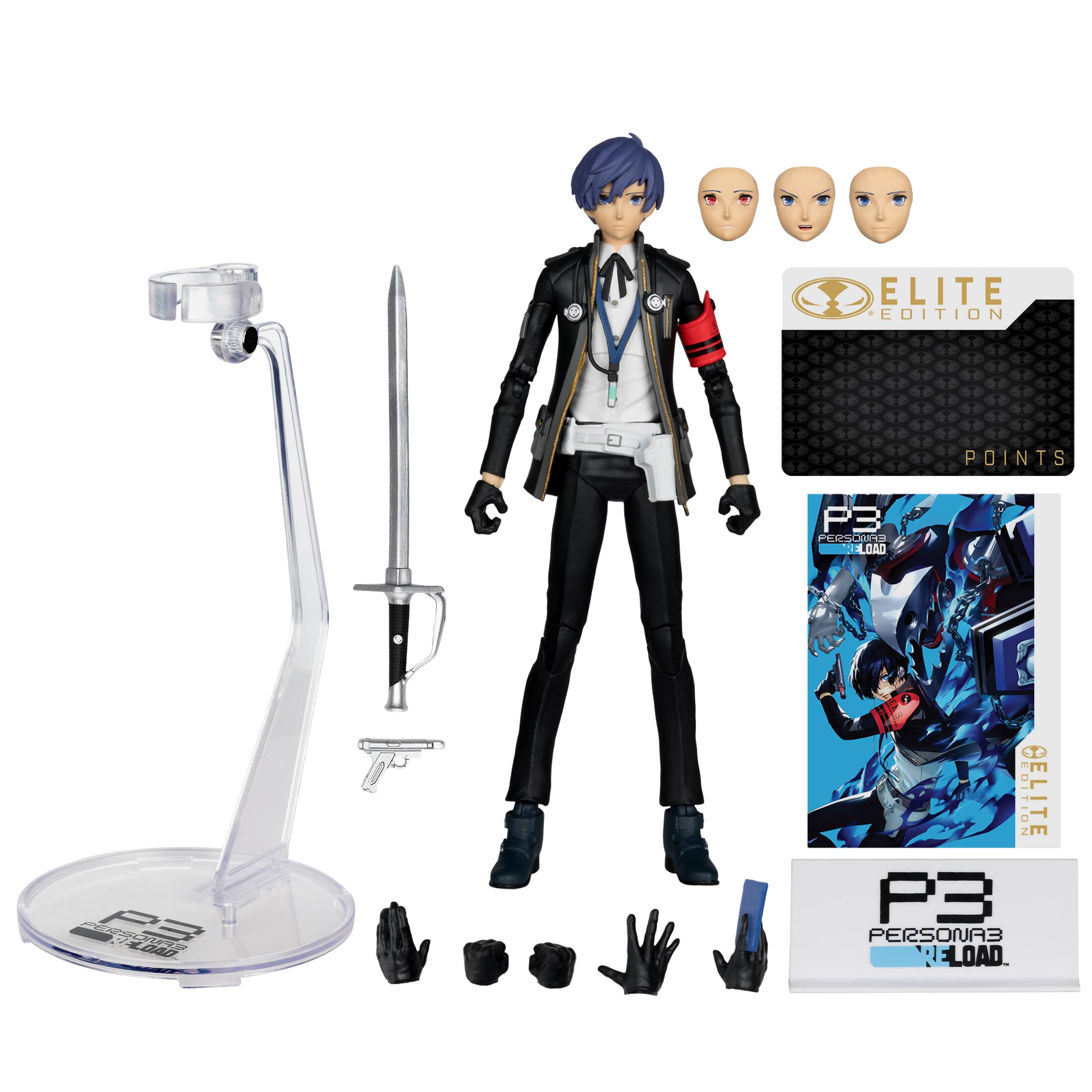 The image features a figure of a man wearing a black jacket and holding a sword. The figure is part of the Persona 3 Elite Edition, which includes a card and a book. The figure is displayed next to a light, and there are also some gloves and a tie in the scene.