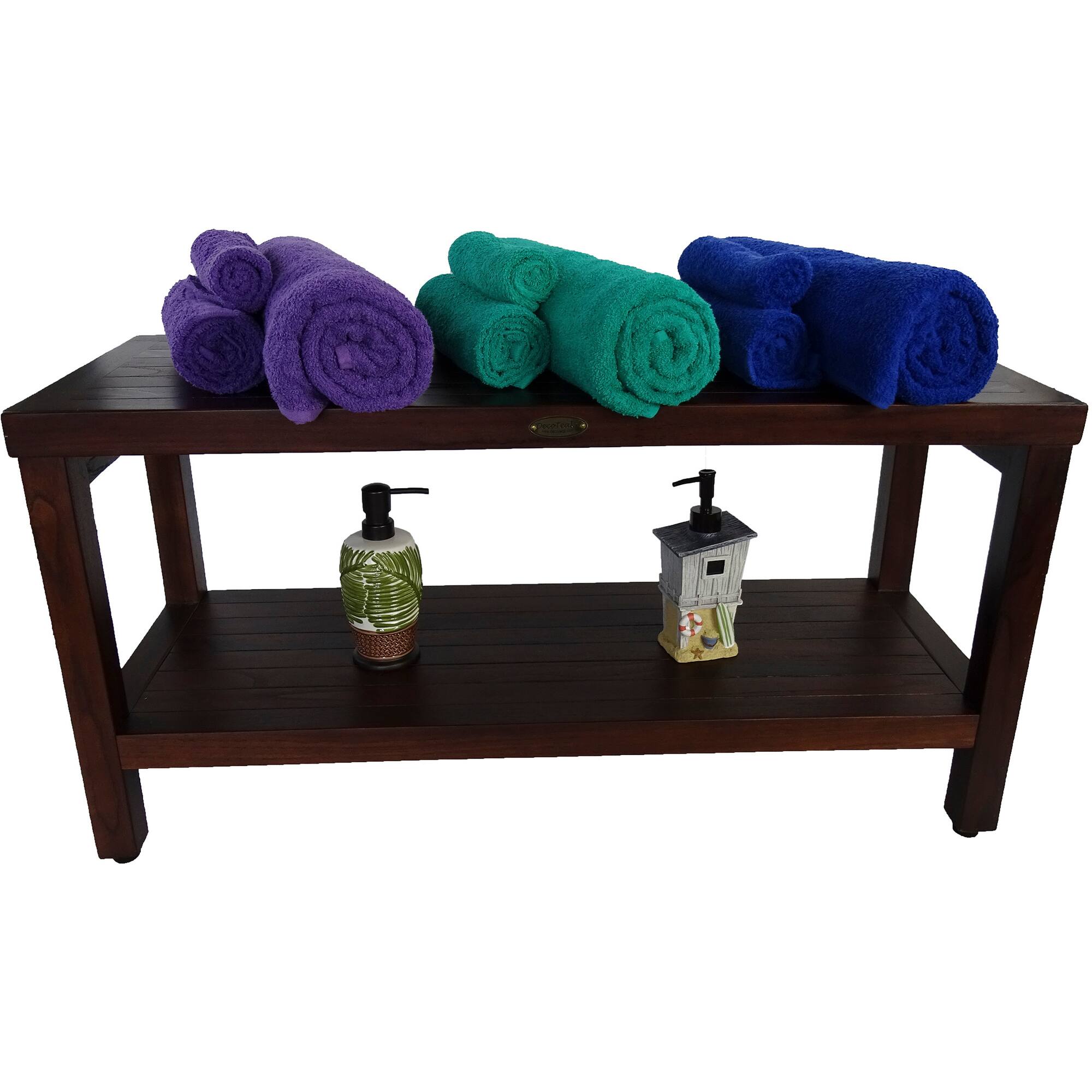 Back. DecoTeak - DecoTeak® Eleganto® 36" Teak Wood Shower Bench with Shelf in Woodland Brown Finish - Woodland Brown.