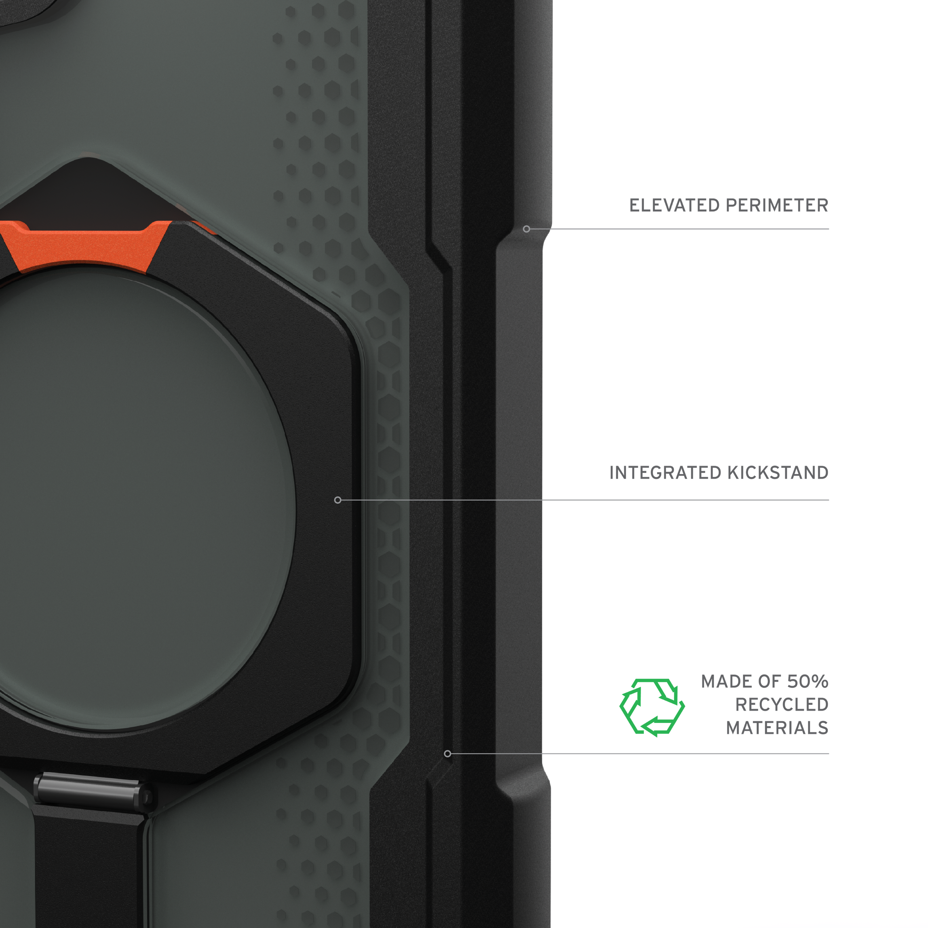 The text on the image reads: "Elevated Perimeter, Integrated Kickstand, Made of 90% Recycled Materials."