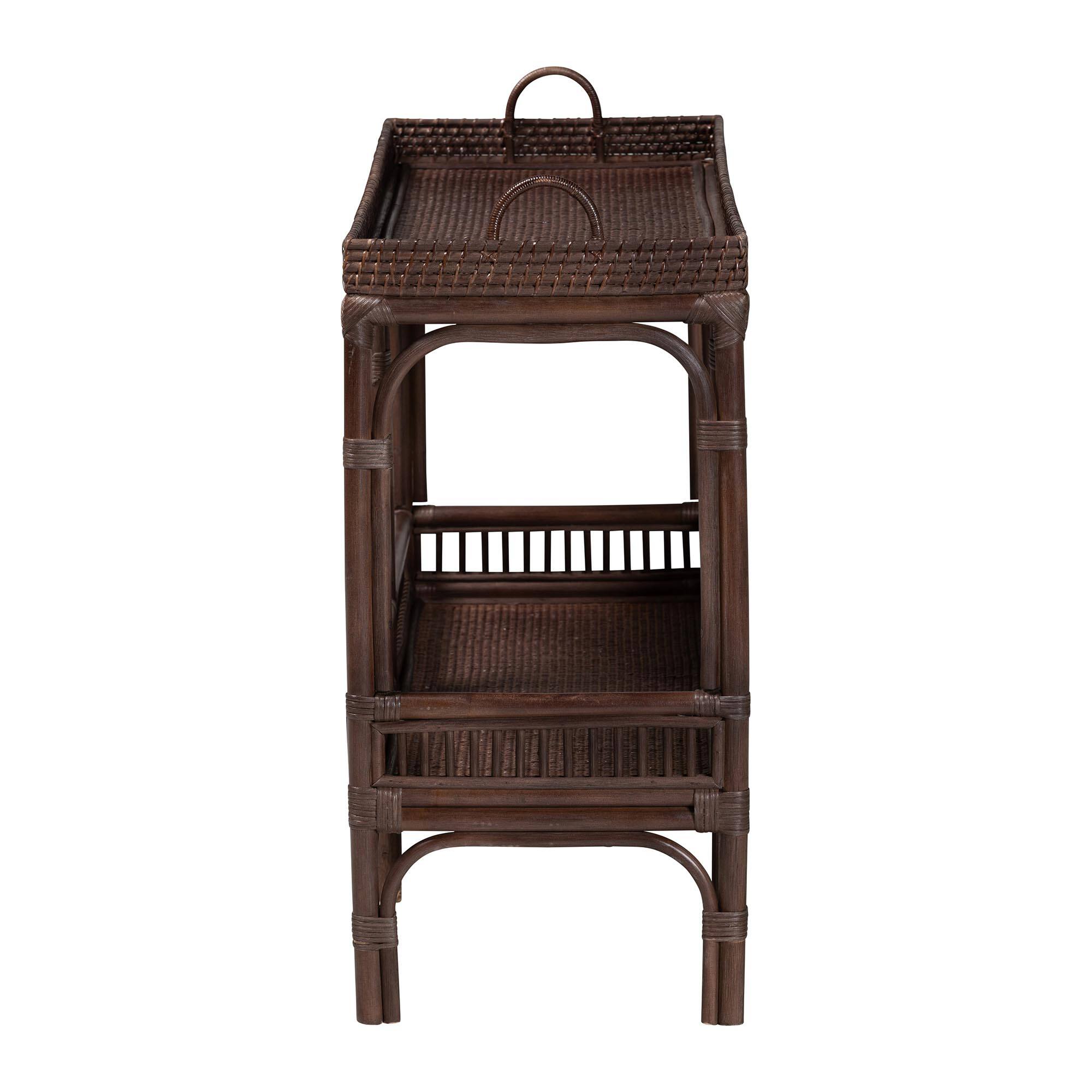 Left. bali & pari - Lombok Natural Rattan Console Table - Handwoven Wicker 2-Tier Accent Table with Raised Tray Top - Coffee Bean.