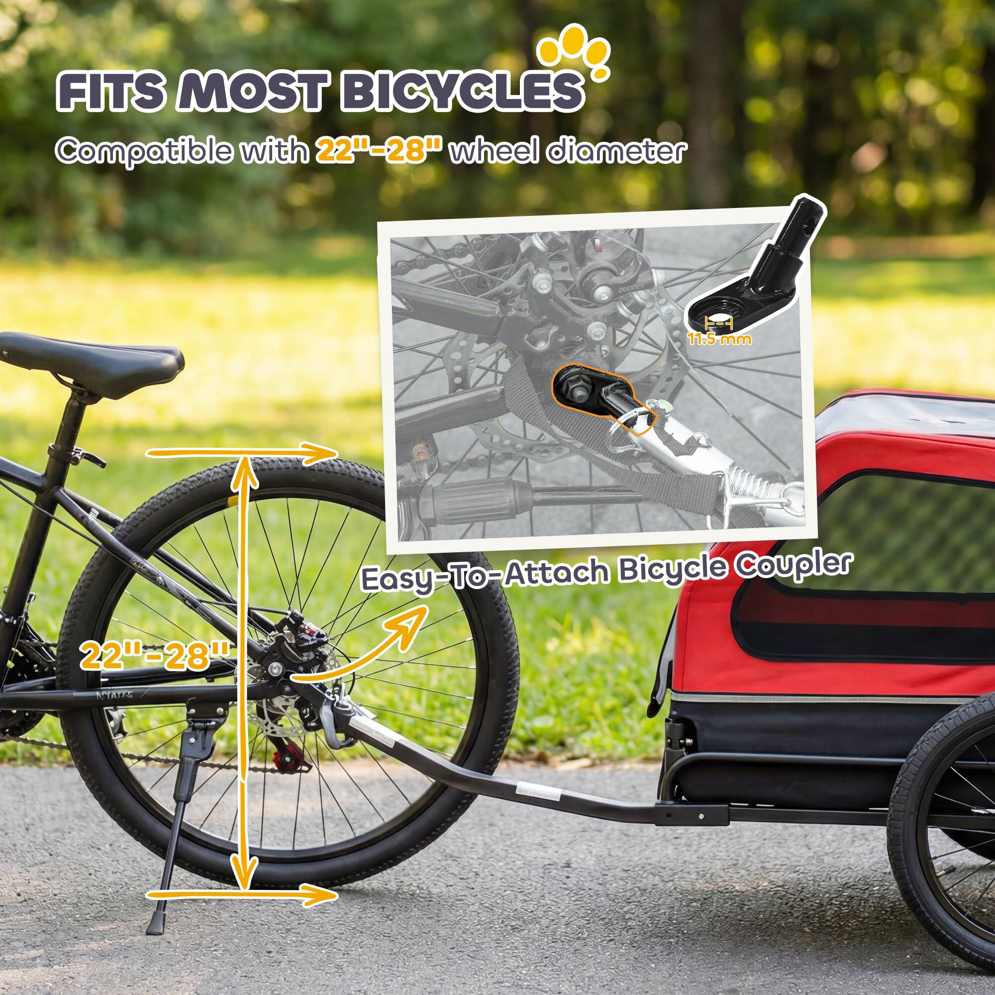 FITS MOST BICYCLES  
Compatible with 22"-28" wheel diameter  

Easy-To-Attach Bicycle Coupler  

22"-28"