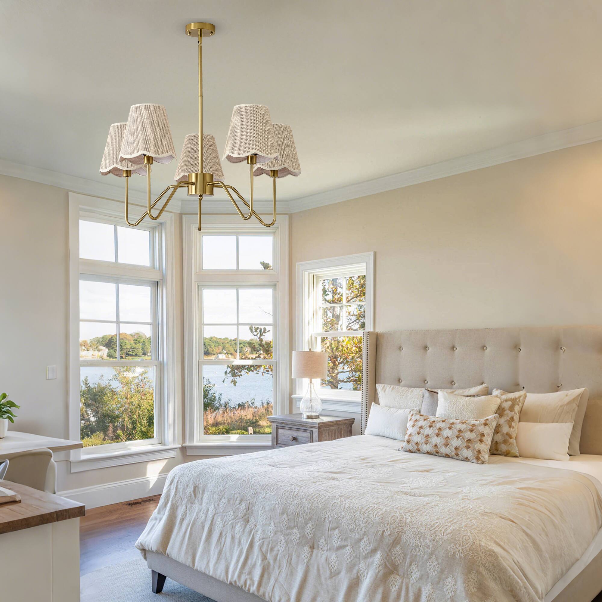 Alt View 2. RYHNUYNE - 5-Light Boho Chandelier with Fabric Shades 32 Inch Adjustable Brass Pendant Light for Dining Room Kitchen Island - Gold.