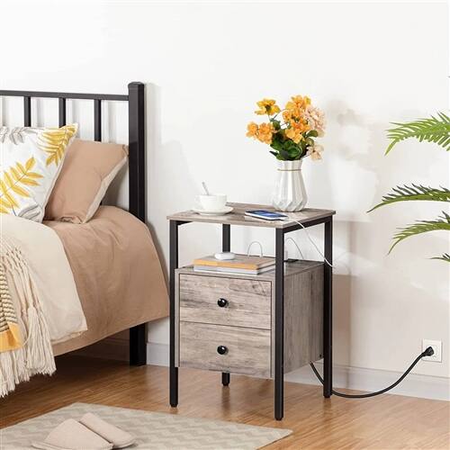 Angle. Hivvago - Modern Black Metal Nightstand with Grey Wood Finish Drawers and Shelf - Grey.