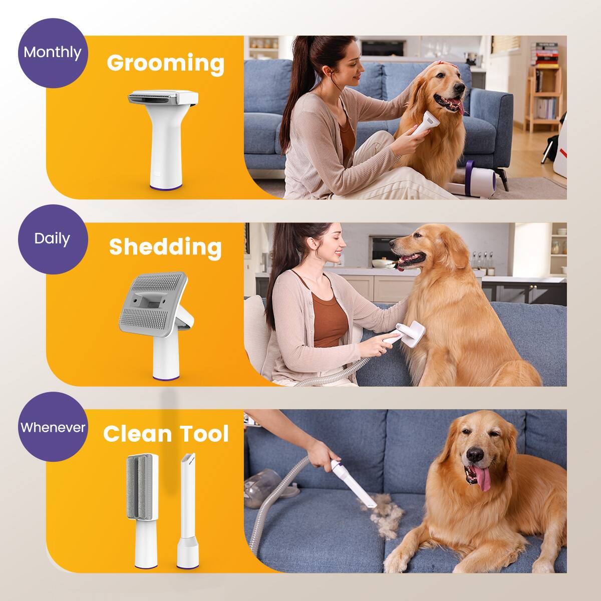 Monthly  
Grooming  

Daily  
Shedding  

Whenever  
Clean Tool