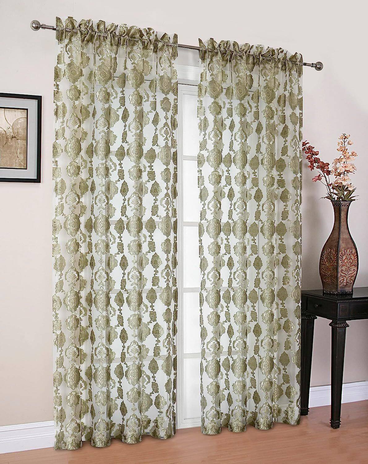 Front. Kate Aurora - Moroccan Accents by Kate Aurora 1 Piece Rod Pocket Clipped Elegant Sheer Curtain Panel - Sage Green - Sage Green.