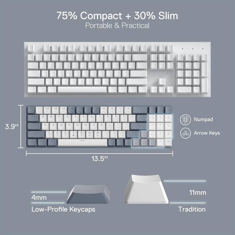 75% Compact + 30% Slim  
Portable & Practical  

3.9"  
13.5"  

4mm Low-Profile Keycaps  
11mm Tradition  

Numpad  
Arrow Keys
