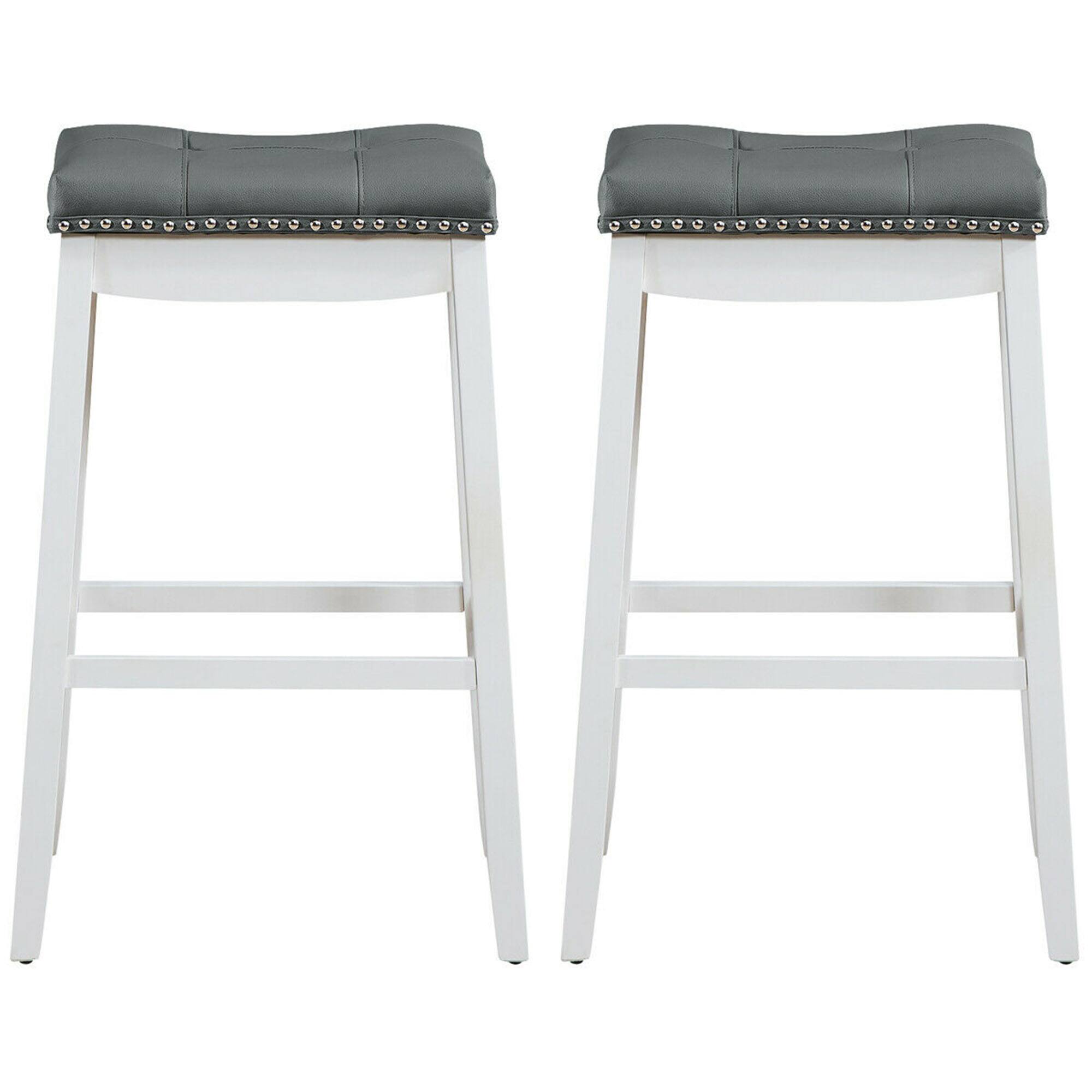 Alt View 4. Gymax - Gymax Set of 2 Nailhead Saddle Bar Stools 29'' Pub Chairs with Rubber Wood Legs White - as pic.