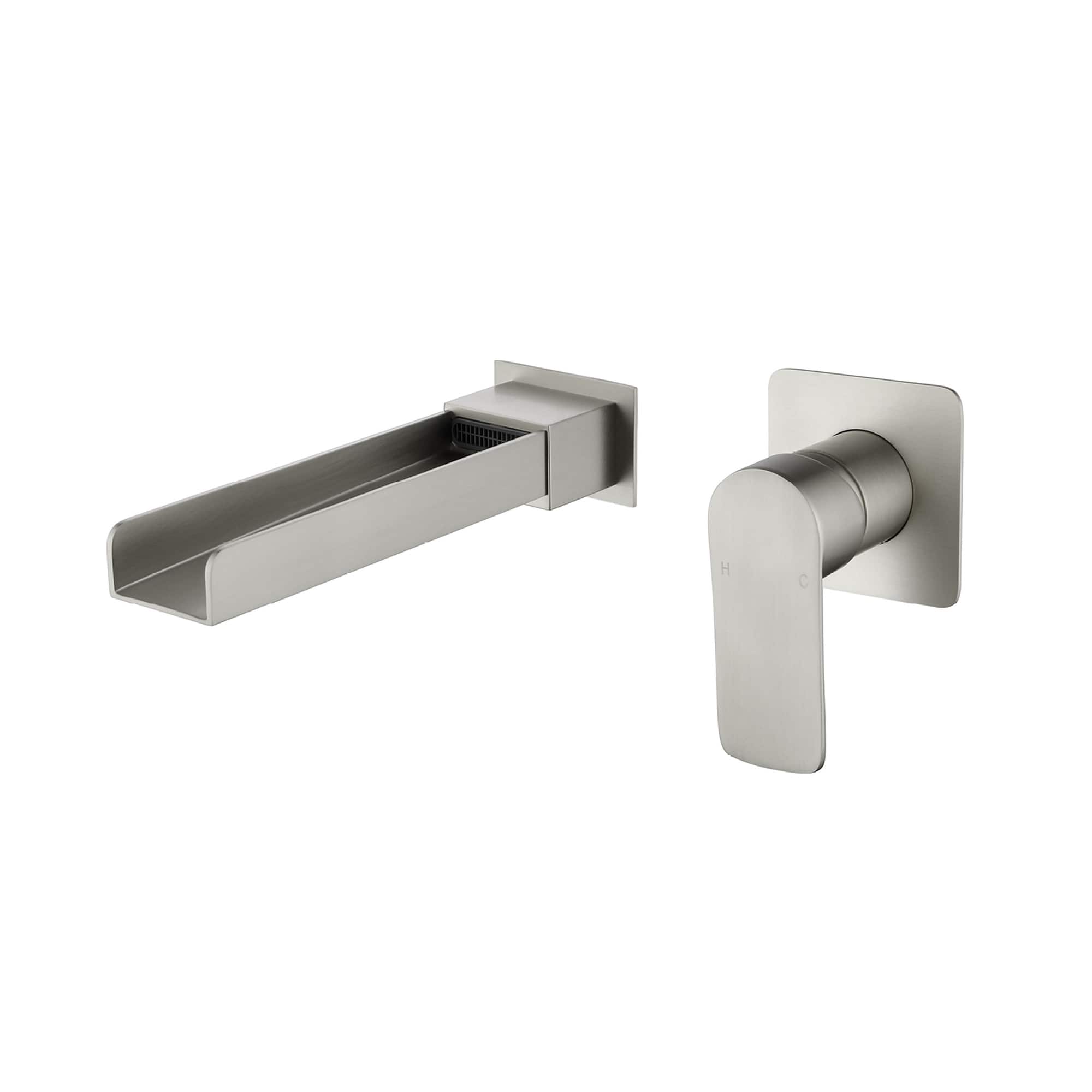 Front. Boyel Living - Brushed Nickel Wall Mounted Basin Faucet Solid Brass Single Handle Waterfall Spout 1/2NPT - Silver.