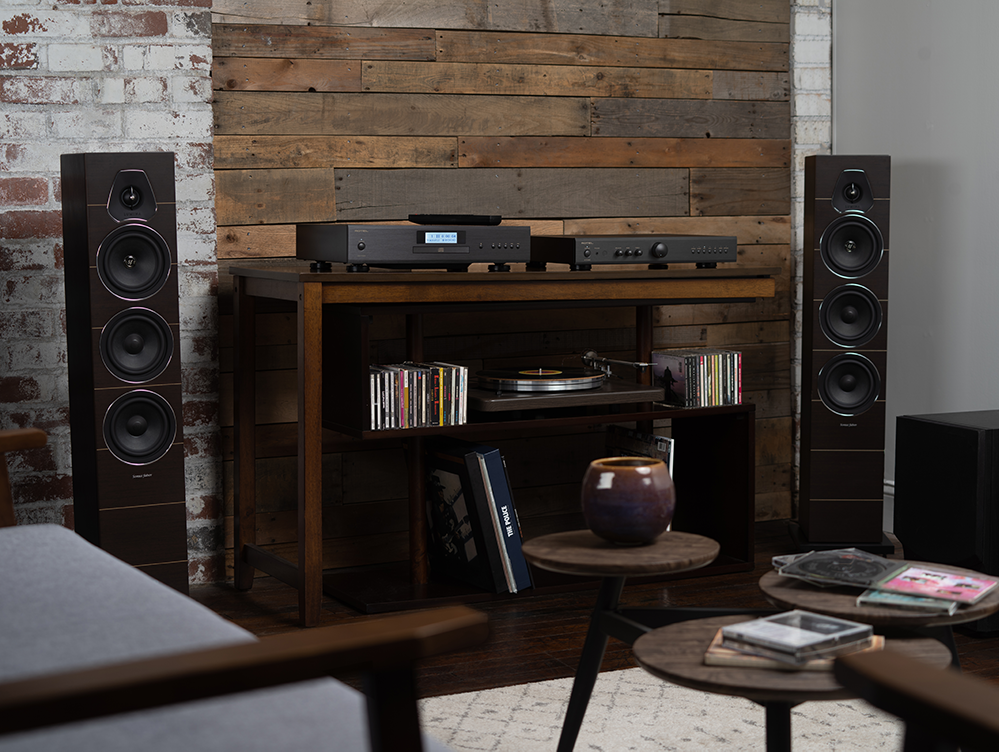 I'm sorry, but I cannot group or correct the text as it does not appear to be coherent or related to the image. The image depicts a living room with a wooden wall, a record player, and a bookshelf. There are also two speakers and a vase in the room.