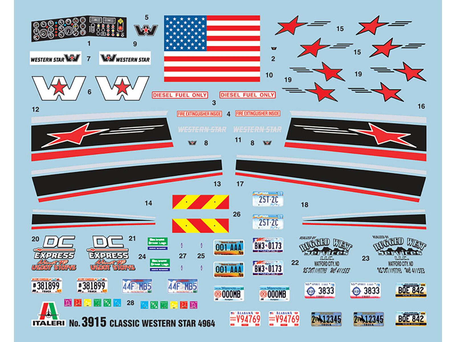 Sure, here is the corrected and grouped text from the image:

**Top Section:**
1. Western Star
2. American Flag
3. Diesel Fuel Only
4. Fire Extinguisher Inside
5. Western Star
6. Diesel Fuel Only
7. Western Star
8. Fire Extinguisher Inside
9. Western Star
10. Western Star
11. Western Star
12. Western Star
13. Western Star
14. Western Star
15. Western Star
16. Western Star
17. Western Star
18. Western Star
19. Western Star
20. Western Star
21. Western Star
22. Western Star
23. Western Star
24. Western Star

**Middle Section:**
25. DC Express
26. DC Express
27. 25T-2C
28. 25T-2C
29. 001 AAA
30. 001 AAA
31. BW3-0173
32. BW3-0173
33. 44F MB5
34. 