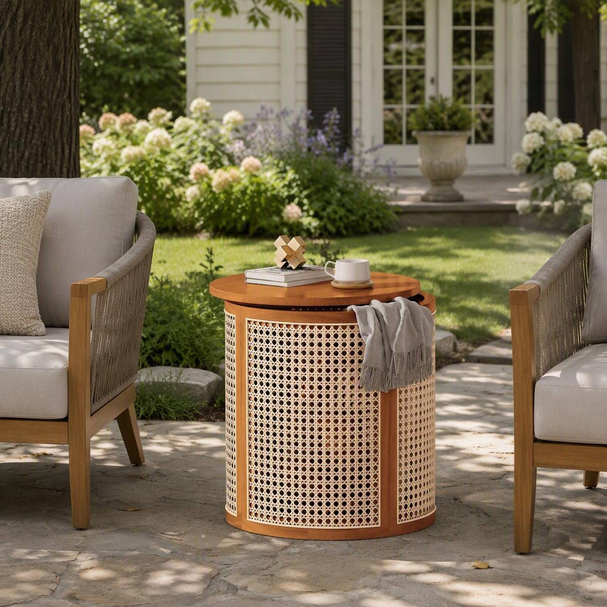 Angle. RYHNUYNE - 15.7" Round Accent Table with Woven Rattan Sides,Compact Nightstand for Garden Deck Balcony - Ochre.