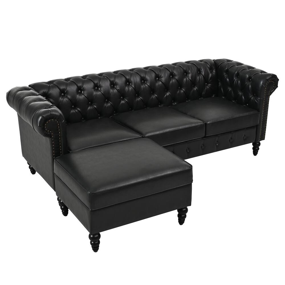 Alt View 4. Loheer - Loheer 85 Inch L-Shaped Sectional Sofa 4-Seater PU Leather Couch with Storage Ottoman - Black.