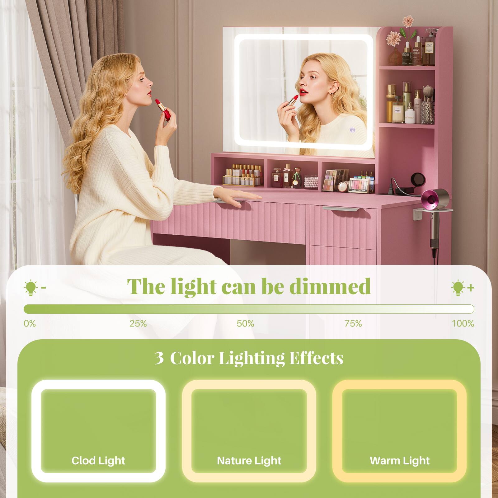 The light can be dimmed: 0% 25% 50% 75% 100%

3 Color Lighting Effects:
- Clod Light
- Nature Light
- Warm Light