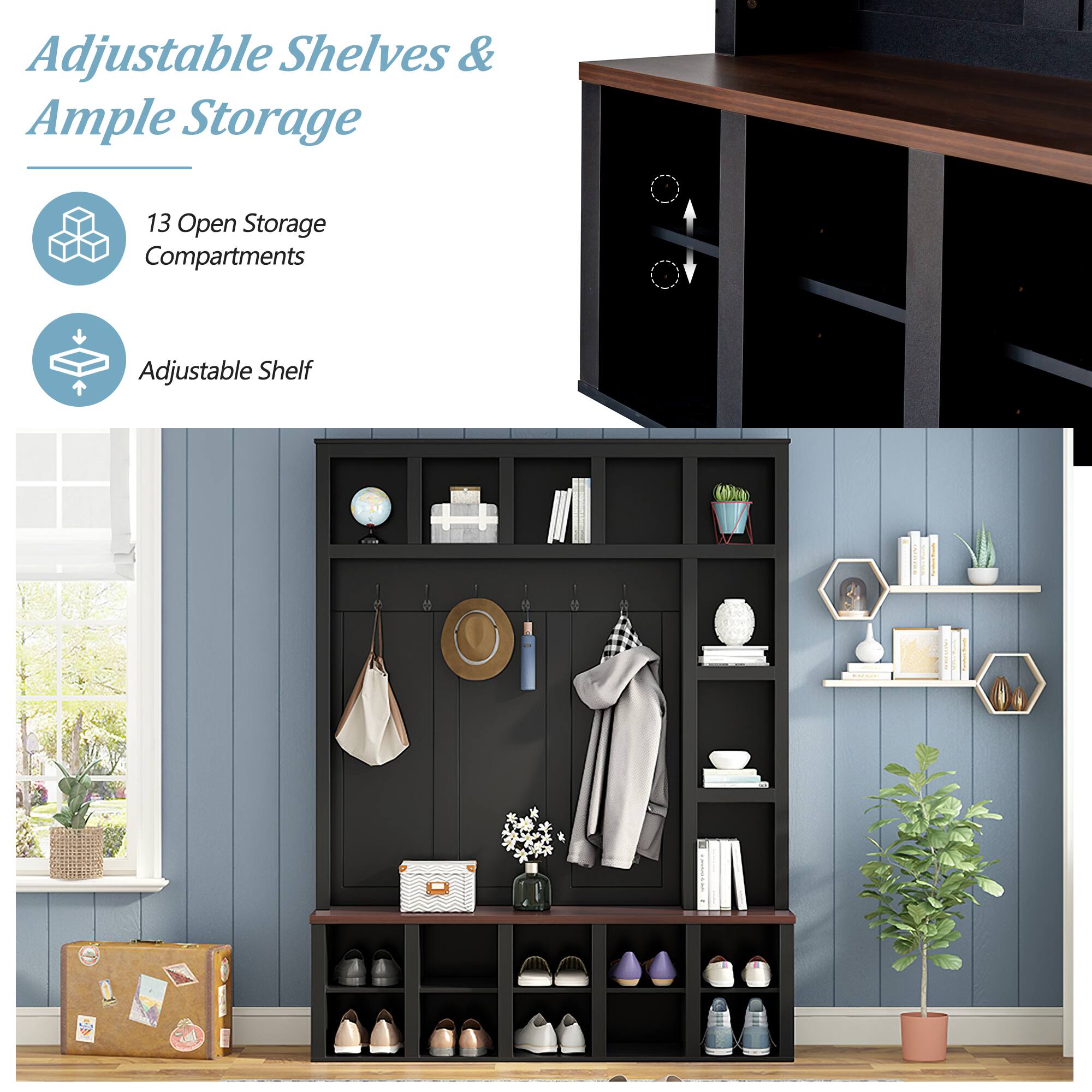 Adjustable Shelves & Ample Storage

13 Open Storage Compartments

Adjustable Shelf